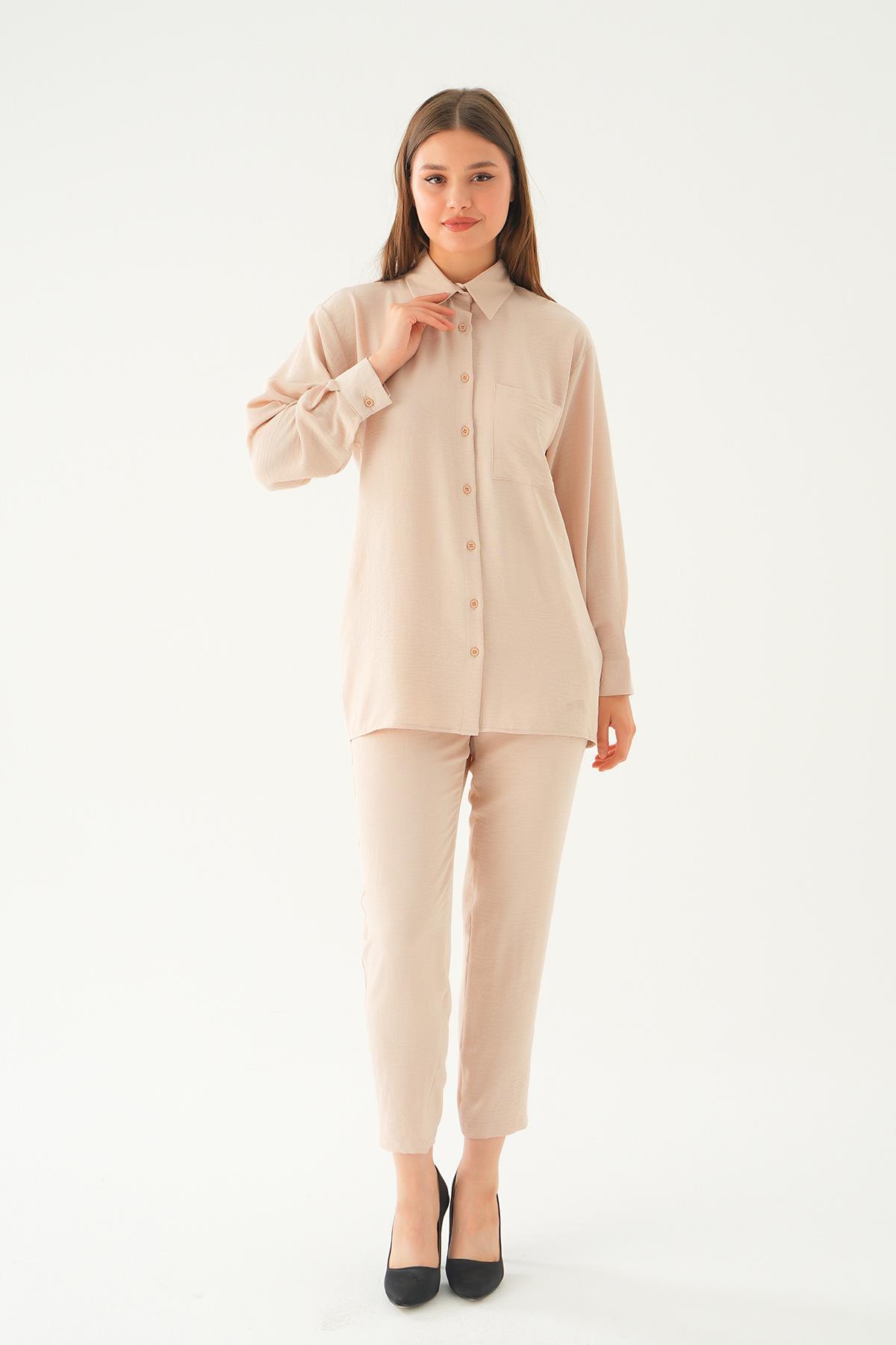 6714A Tek Cep Gömlek-Pantolon Takım Bej - 1