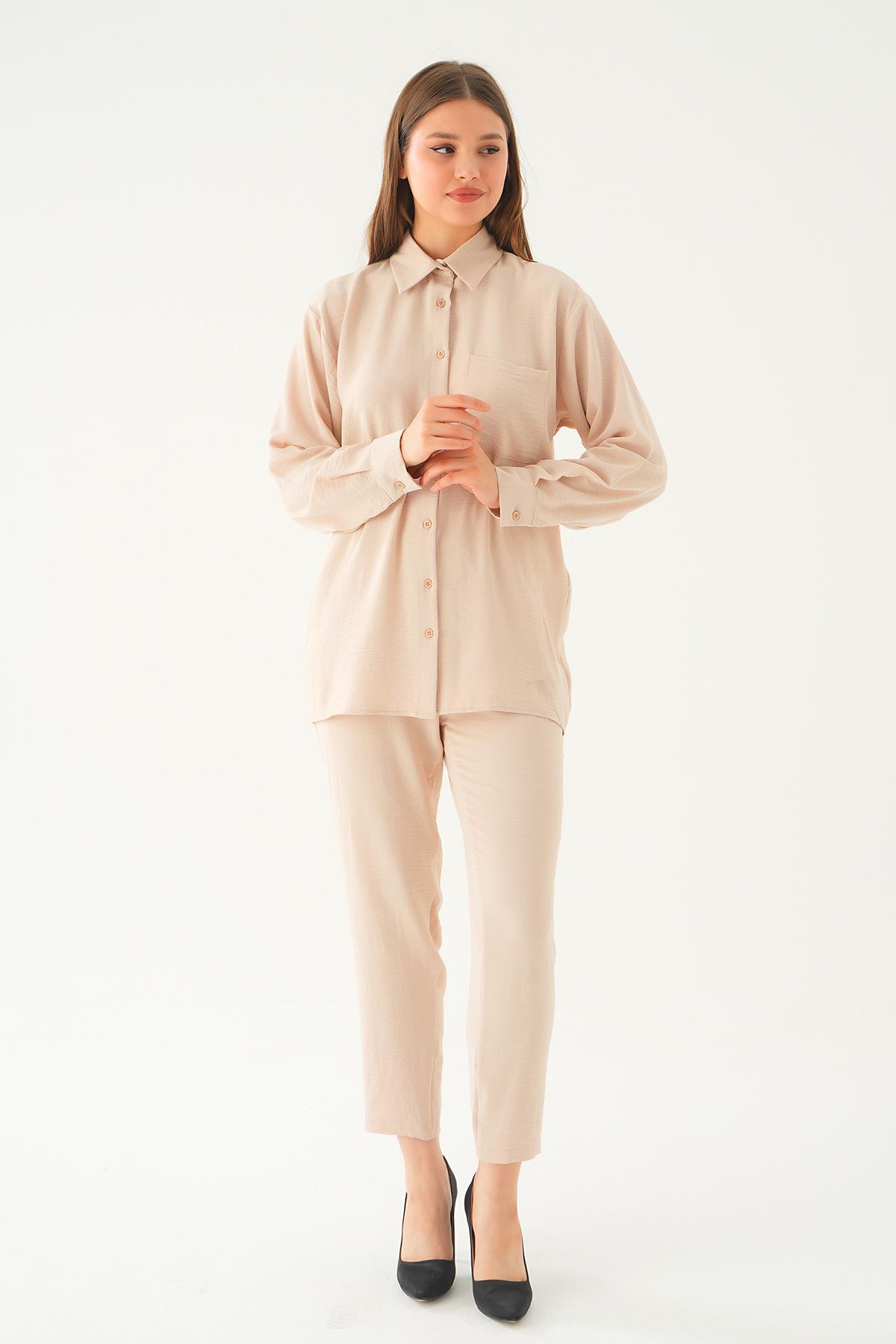 Bej Tek Cep Gömlek-Pantolon Takım 6714A - 2