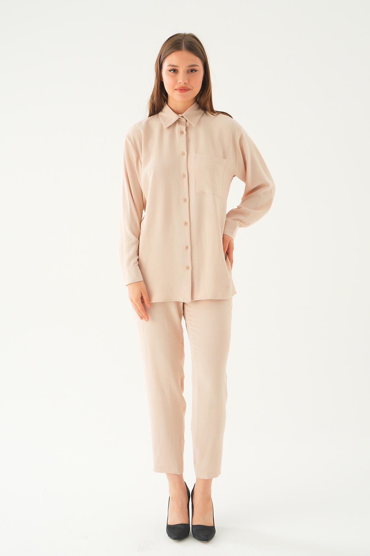 Bej Tek Cep Gömlek-Pantolon Takım 6714A - 3