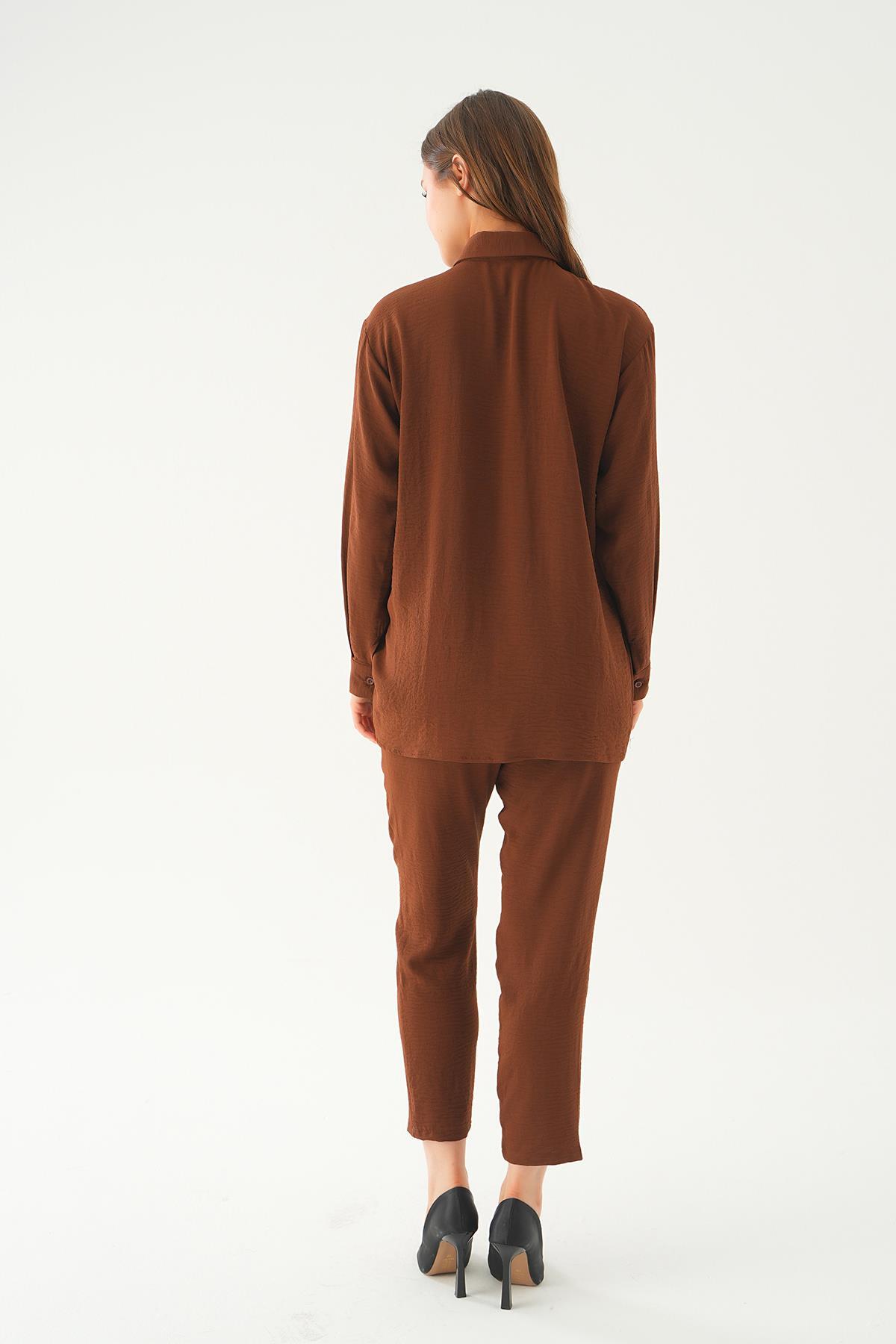 Kahve Tek Cep Gömlek-Pantolon Takım 6714A - 4