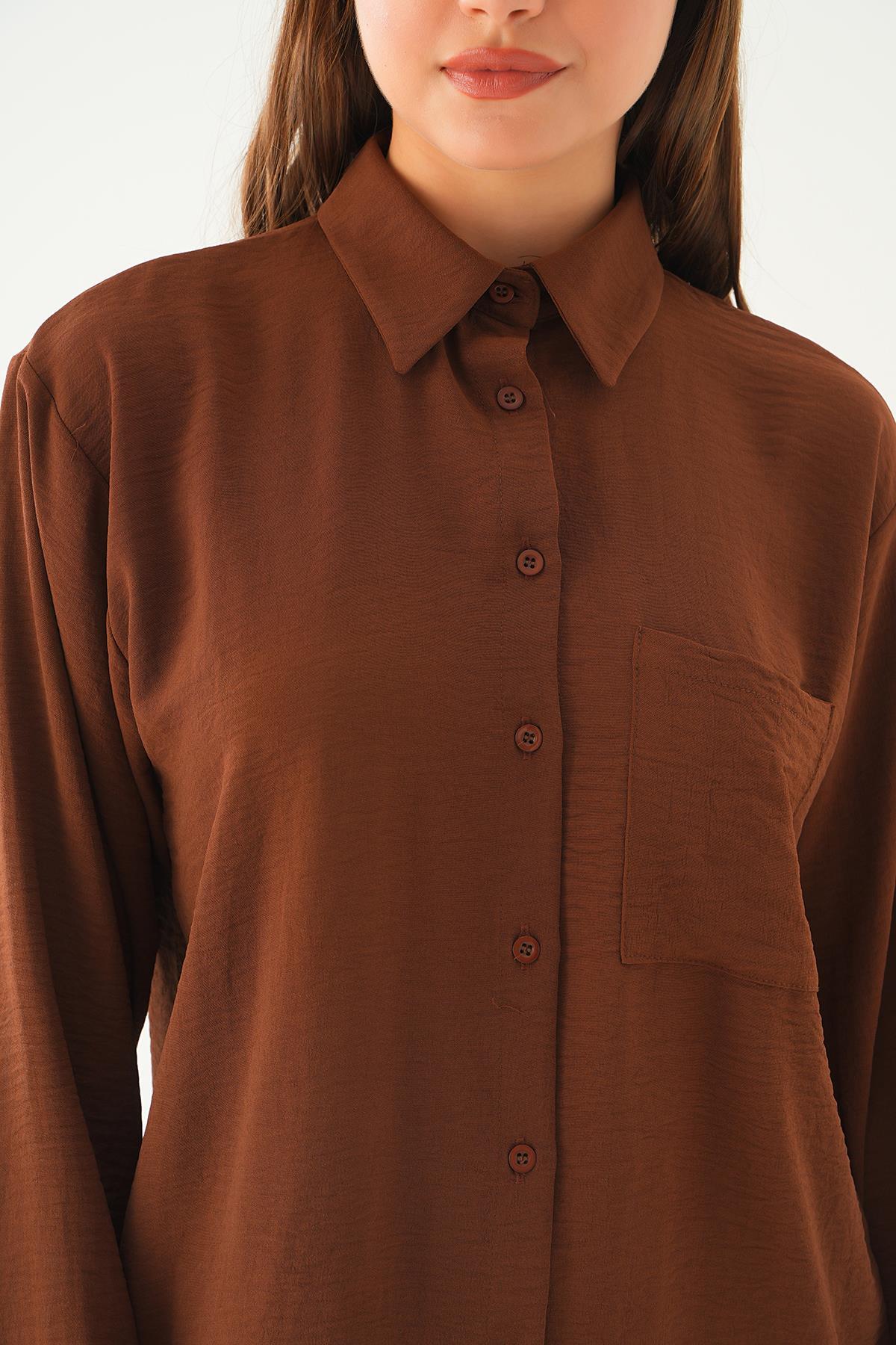 Kahve Tek Cep Gömlek-Pantolon Takım 6714A - 5