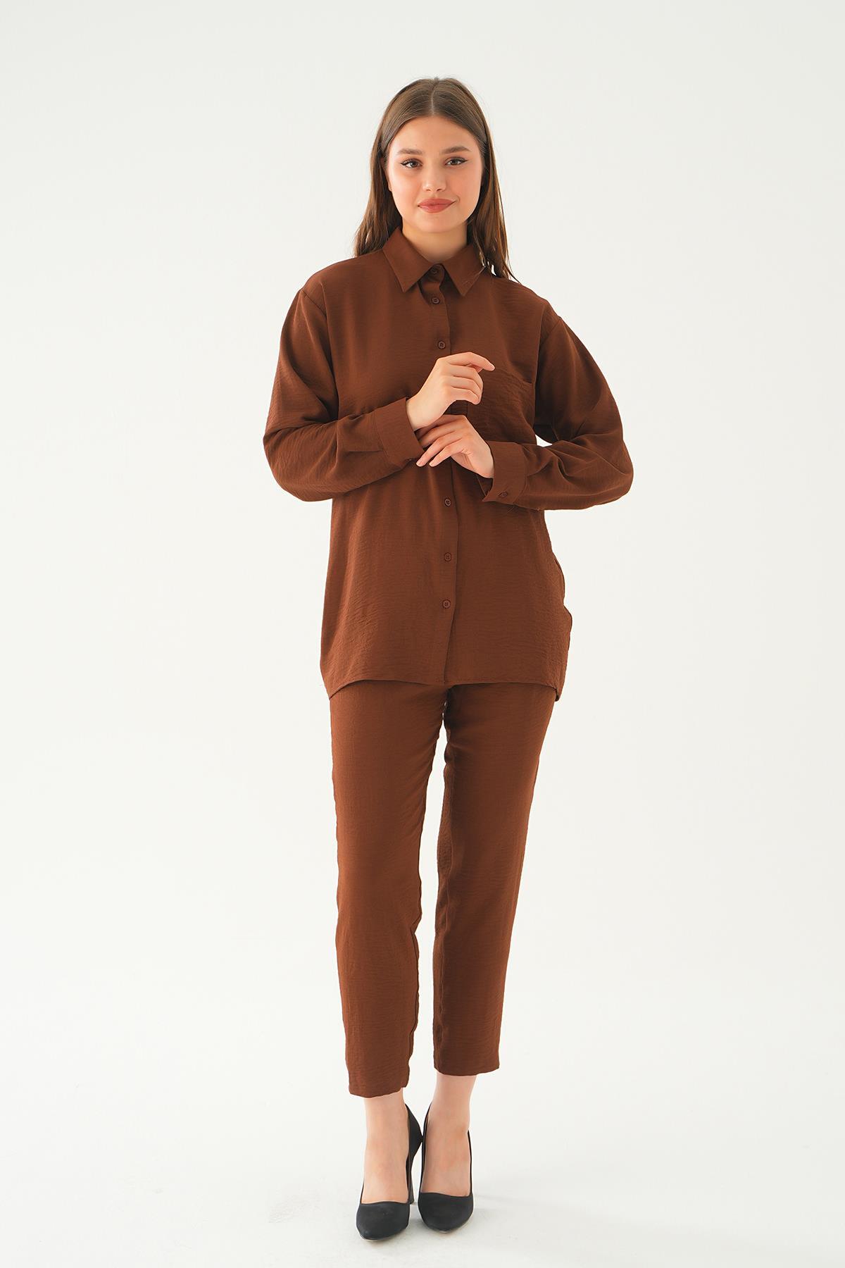 Kahve Tek Cep Gömlek-Pantolon Takım 6714A - 6