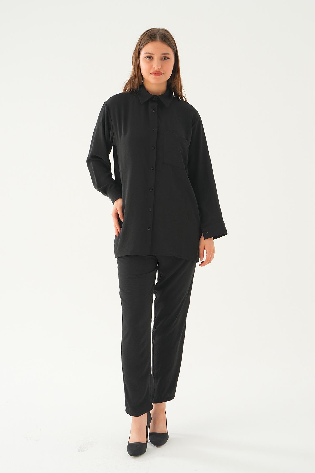 Siyah Tek Cep Gömlek-Pantolon Takım 6714A 