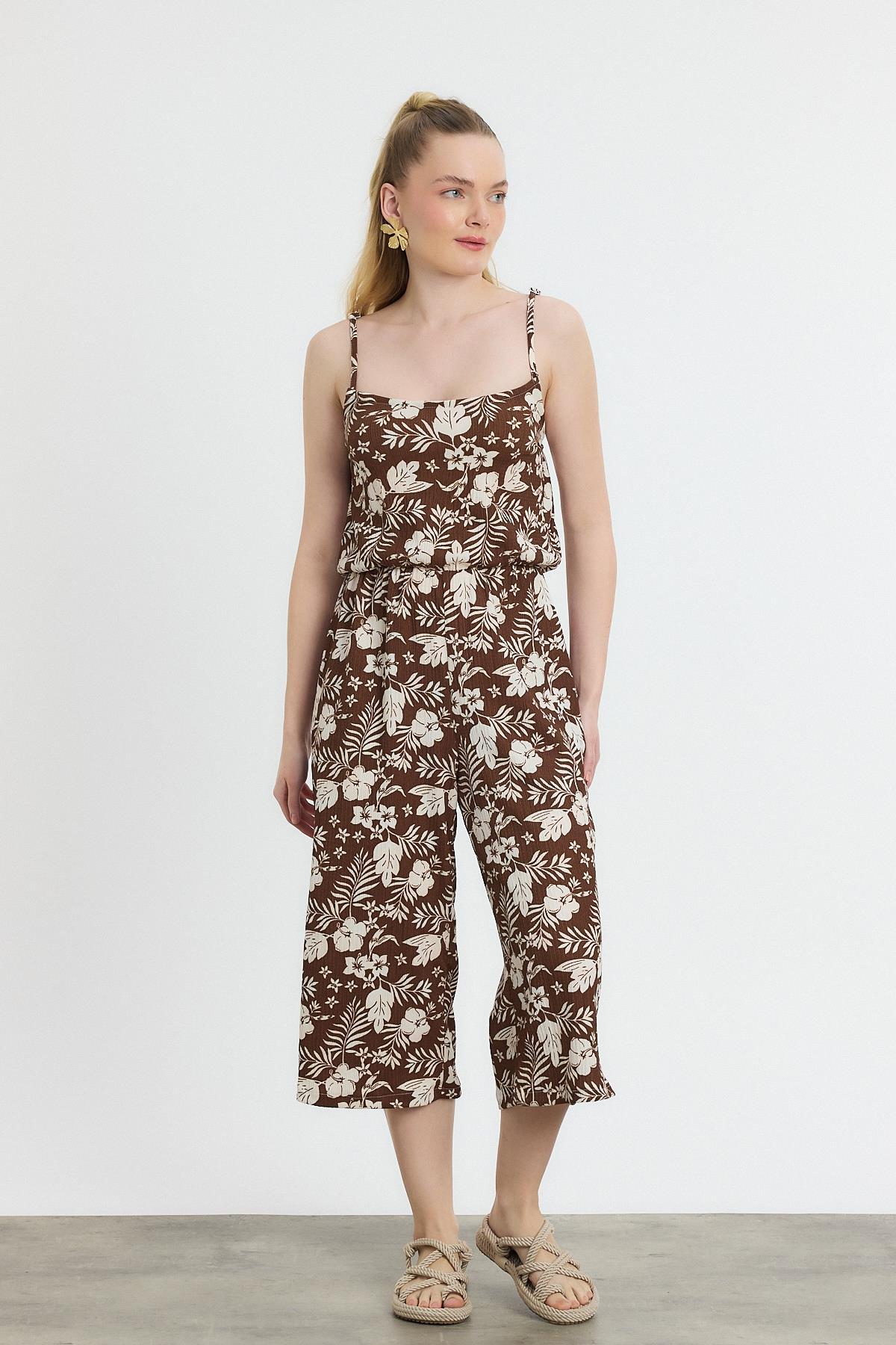 6718A Çiçek Desen Sıfır Kol Tulum Kahve - 1