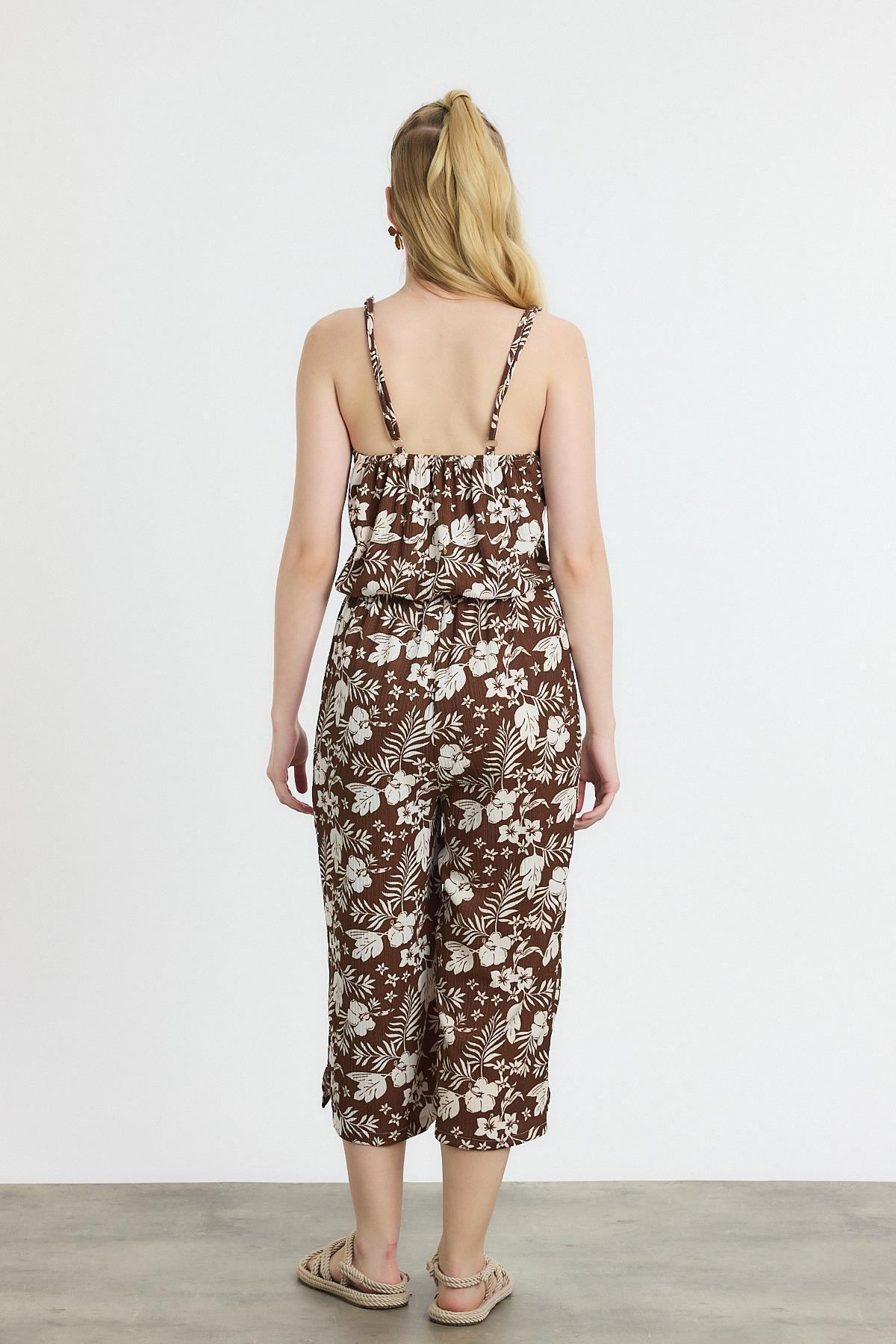 6718A Çiçek Desen Sıfır Kol Tulum Kahve - 5