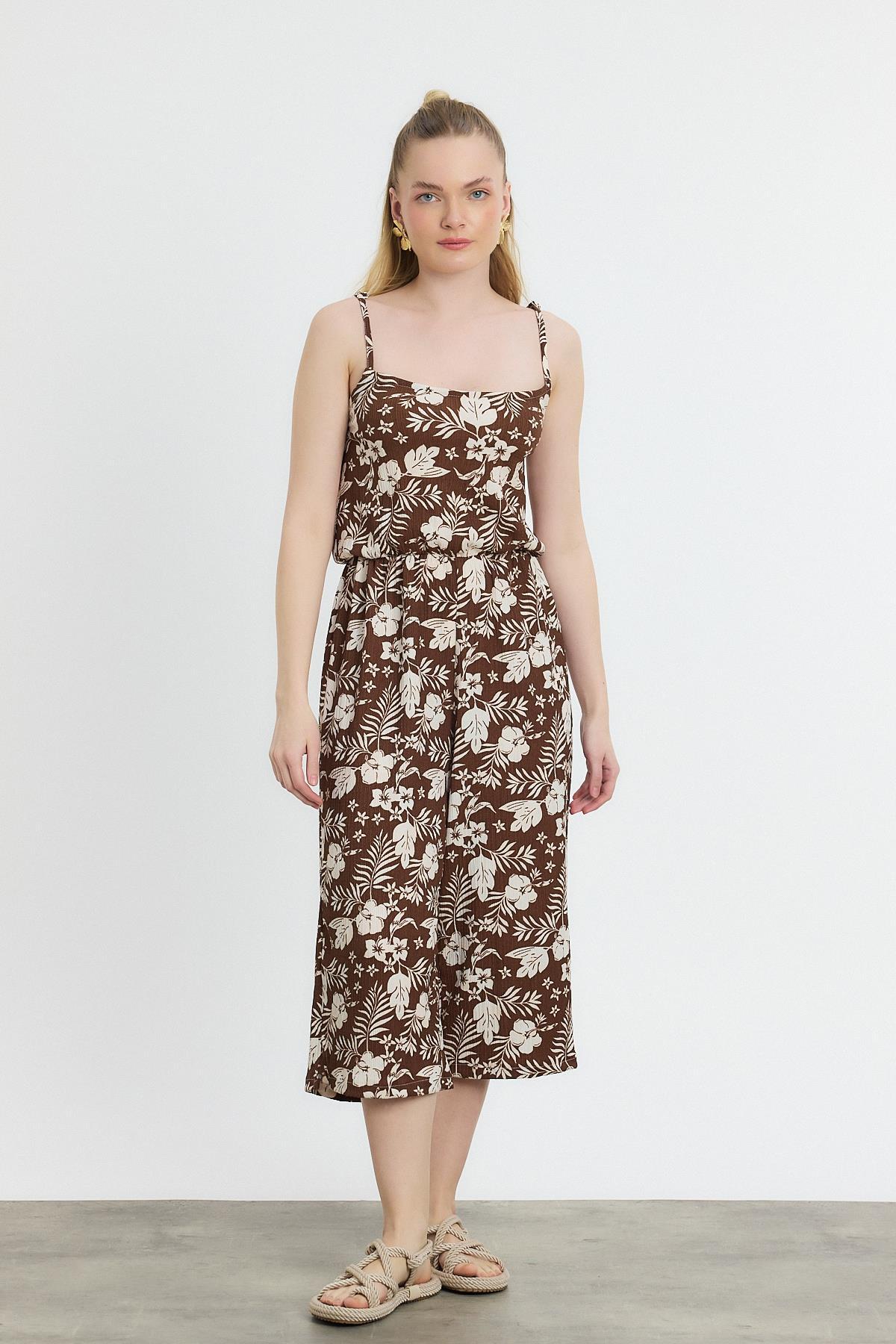 Kahve Çiçek Desen Sıfır Kol Tulum 6718A - 2