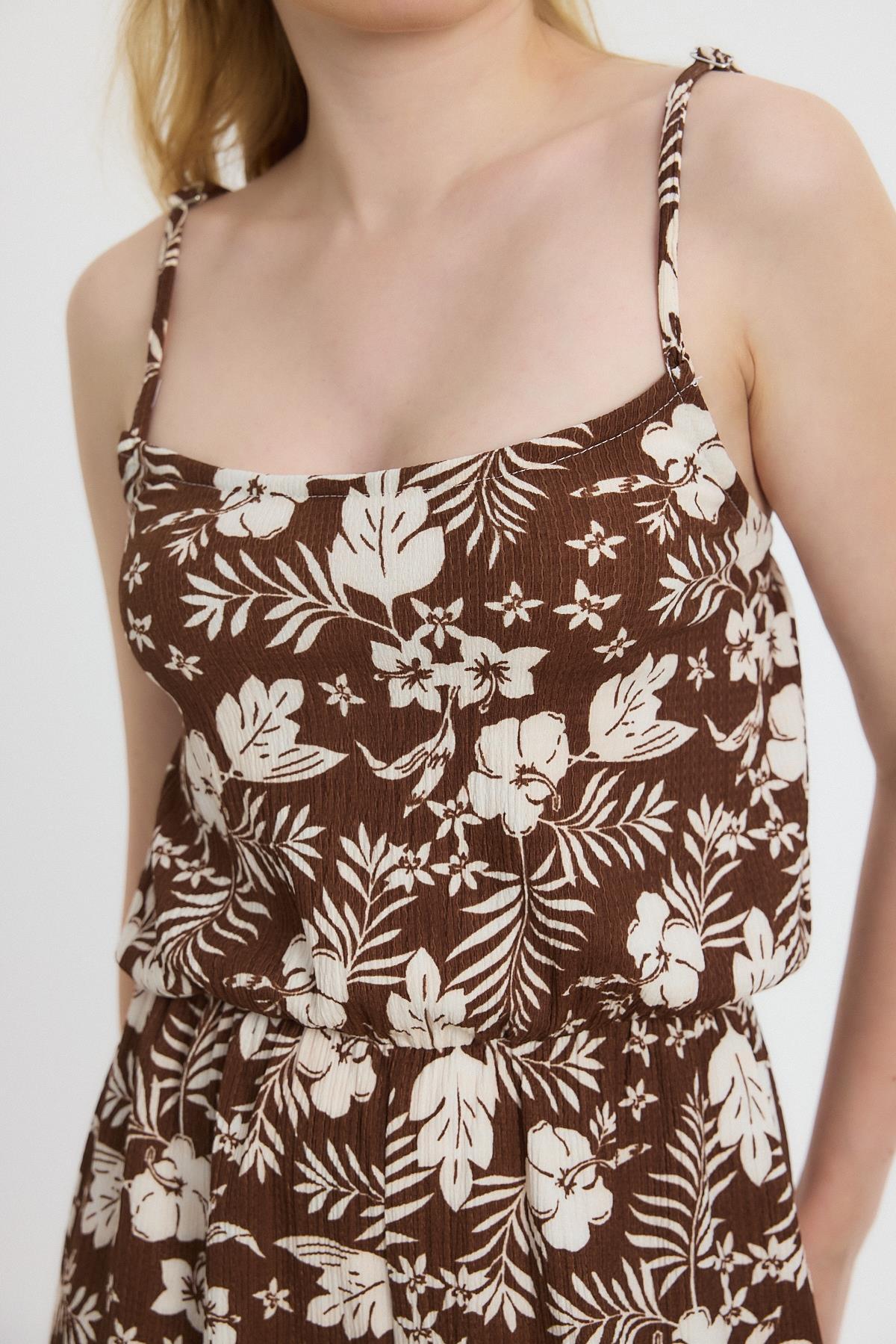 Kahve Çiçek Desen Sıfır Kol Tulum 6718A - 4