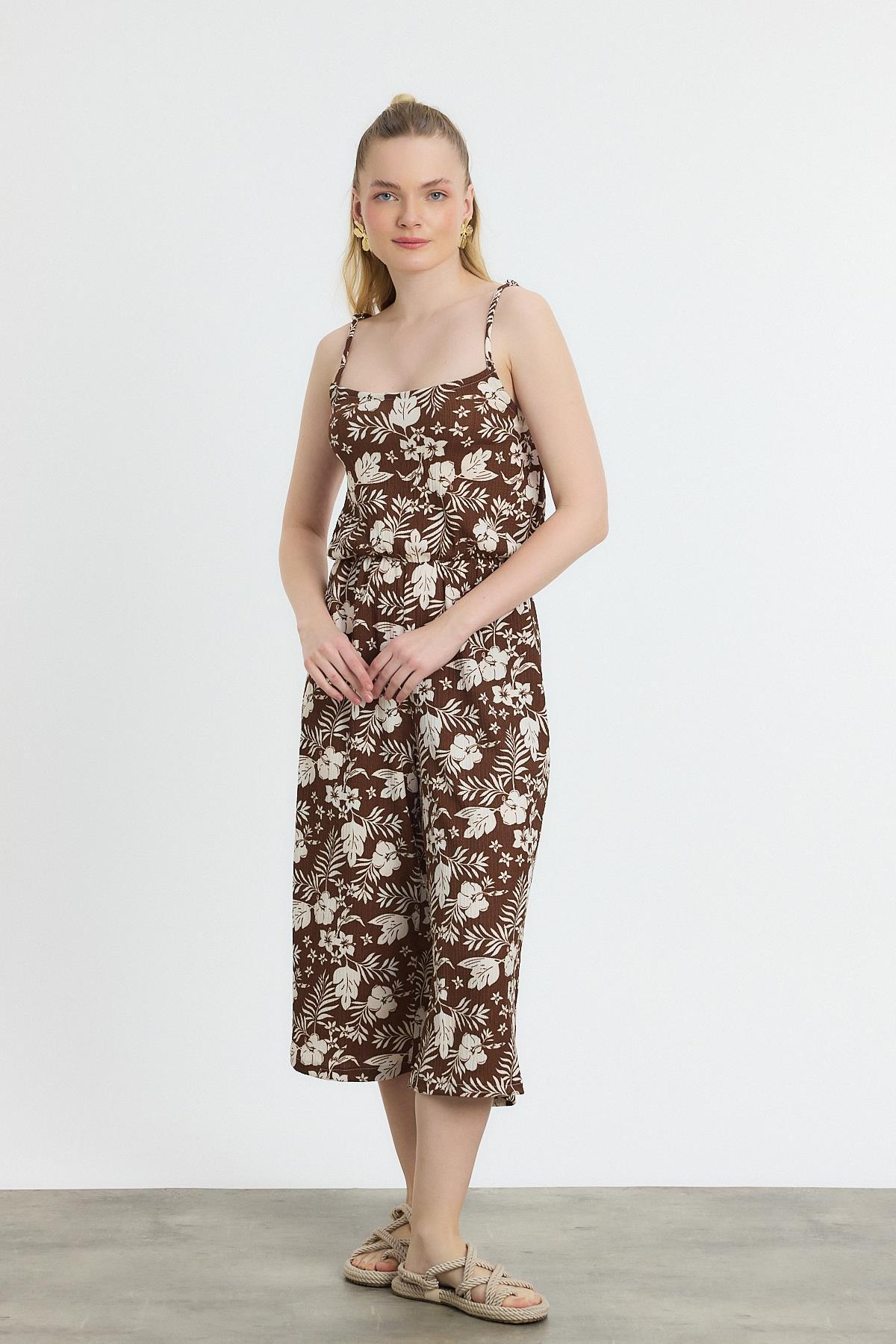 Kahve Çiçek Desen Sıfır Kol Tulum 6718A - 6