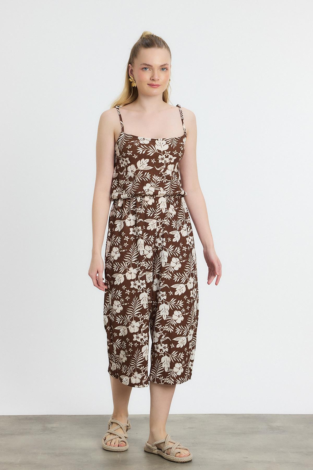 Kahve Çiçek Desen Sıfır Kol Tulum 6718A - 8