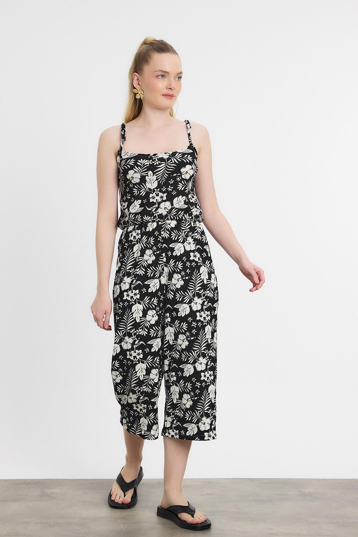 6718A Çiçek Desen Sıfır Kol Tulum Siyah - 1