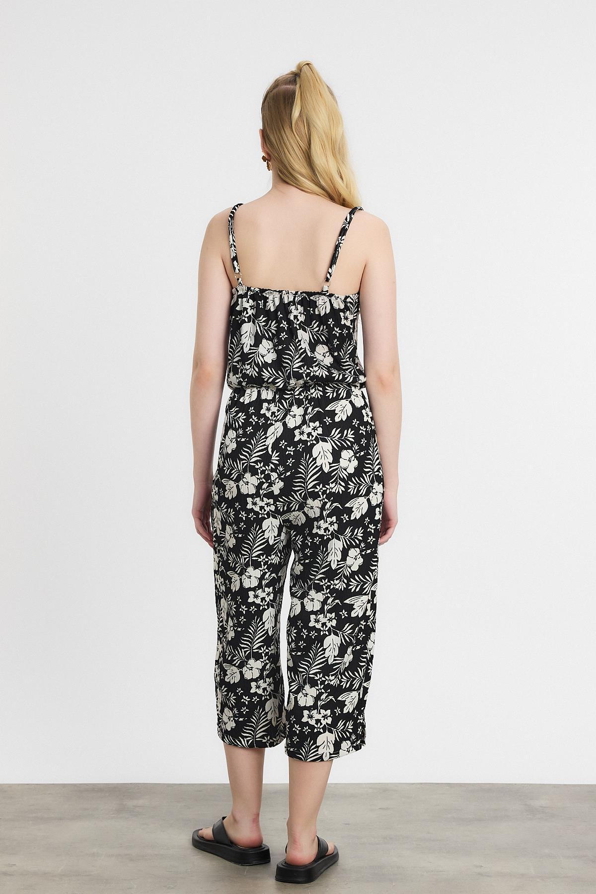 6718A Çiçek Desen Sıfır Kol Tulum Siyah - 5