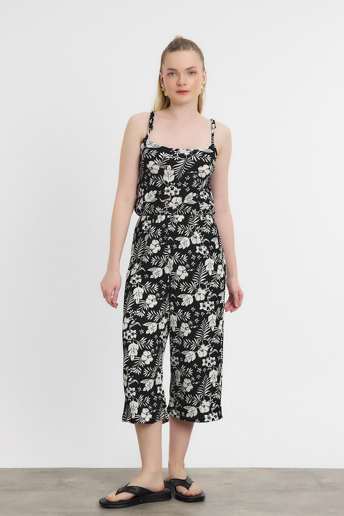 6718A Çiçek Desen Sıfır Kol Tulum Siyah - 8