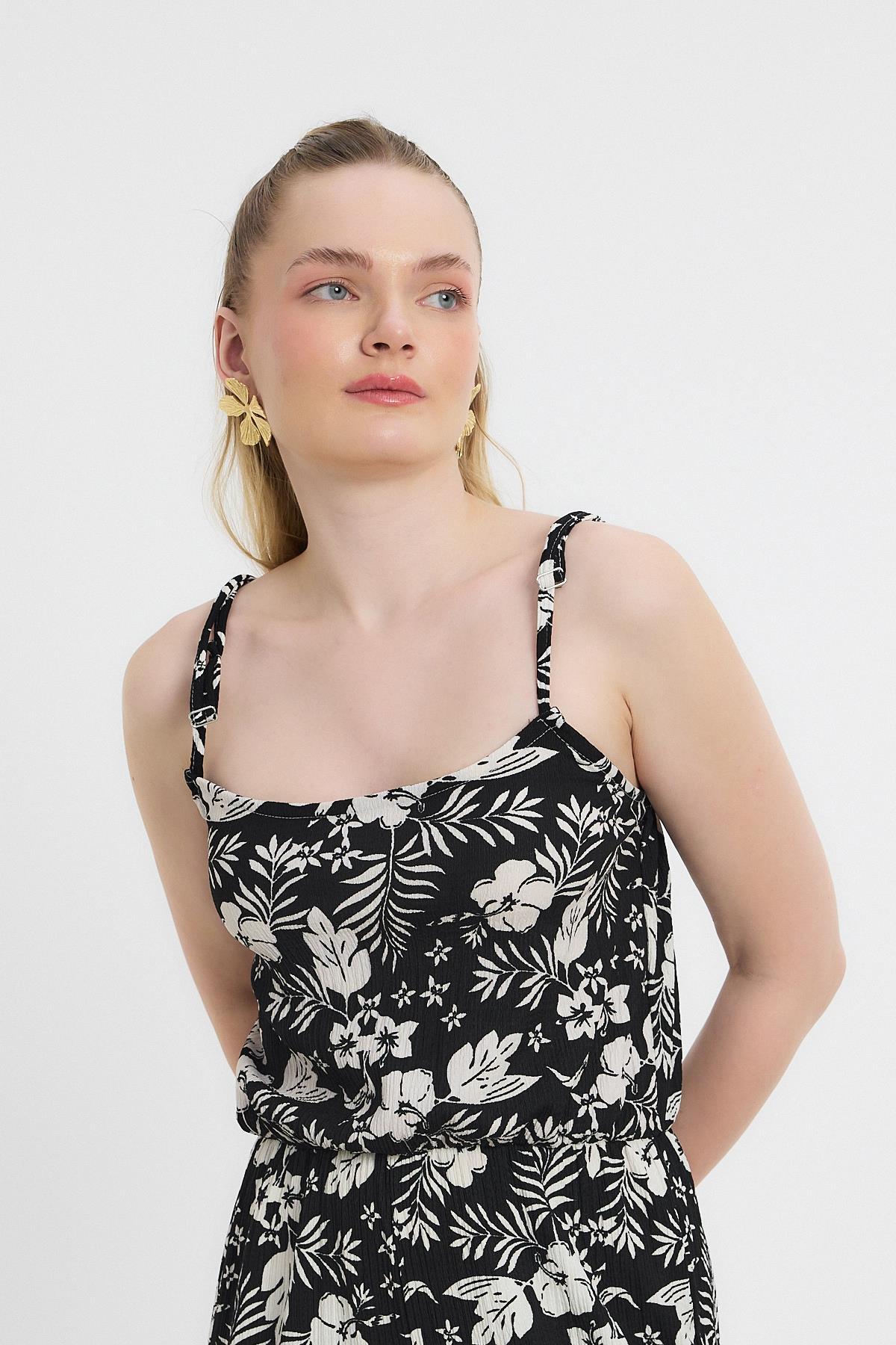 6718A Çiçek Desen Sıfır Kol Tulum Siyah - 3