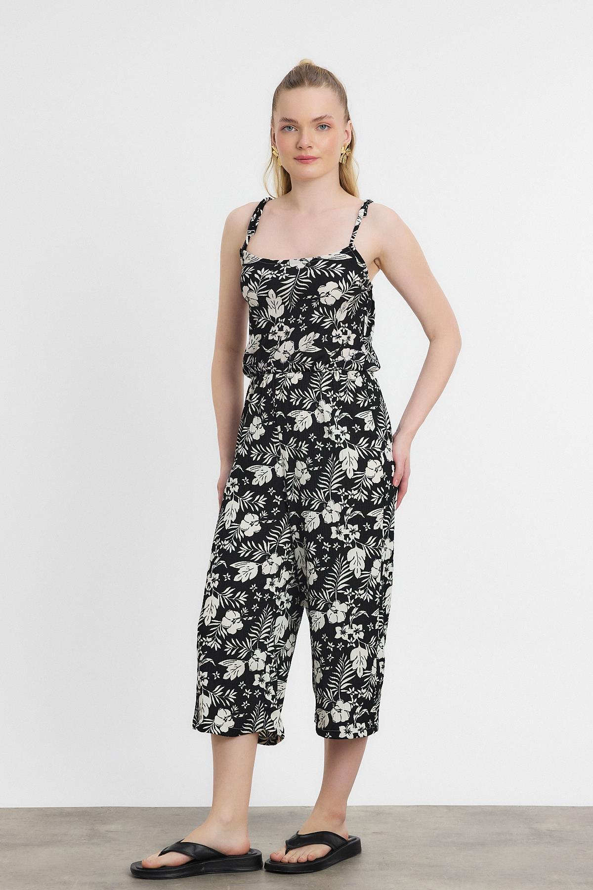 Siyah Çiçek Desen Sıfır Kol Tulum 6718A - 6