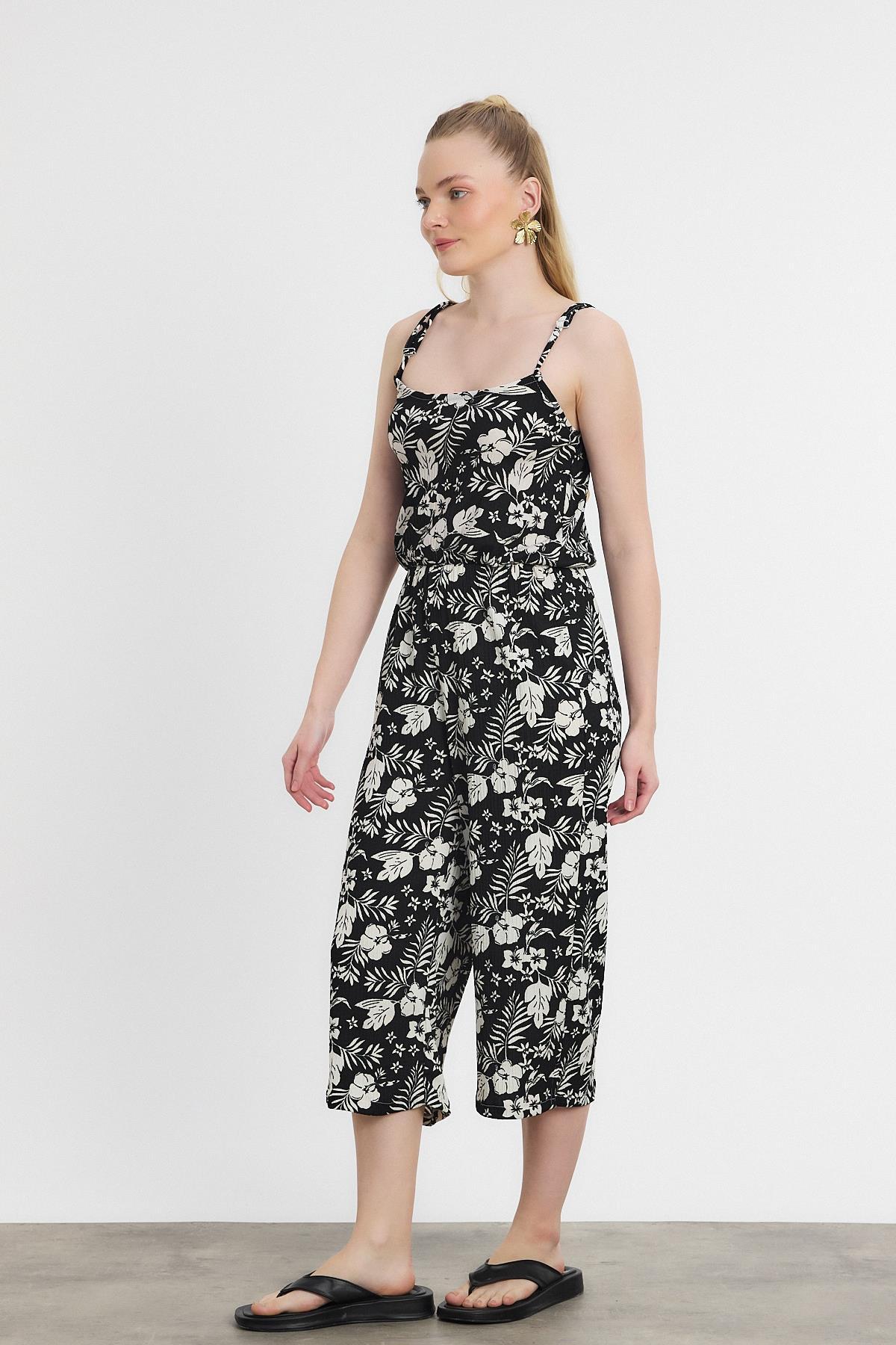 Siyah Çiçek Desen Sıfır Kol Tulum 6718A - 7