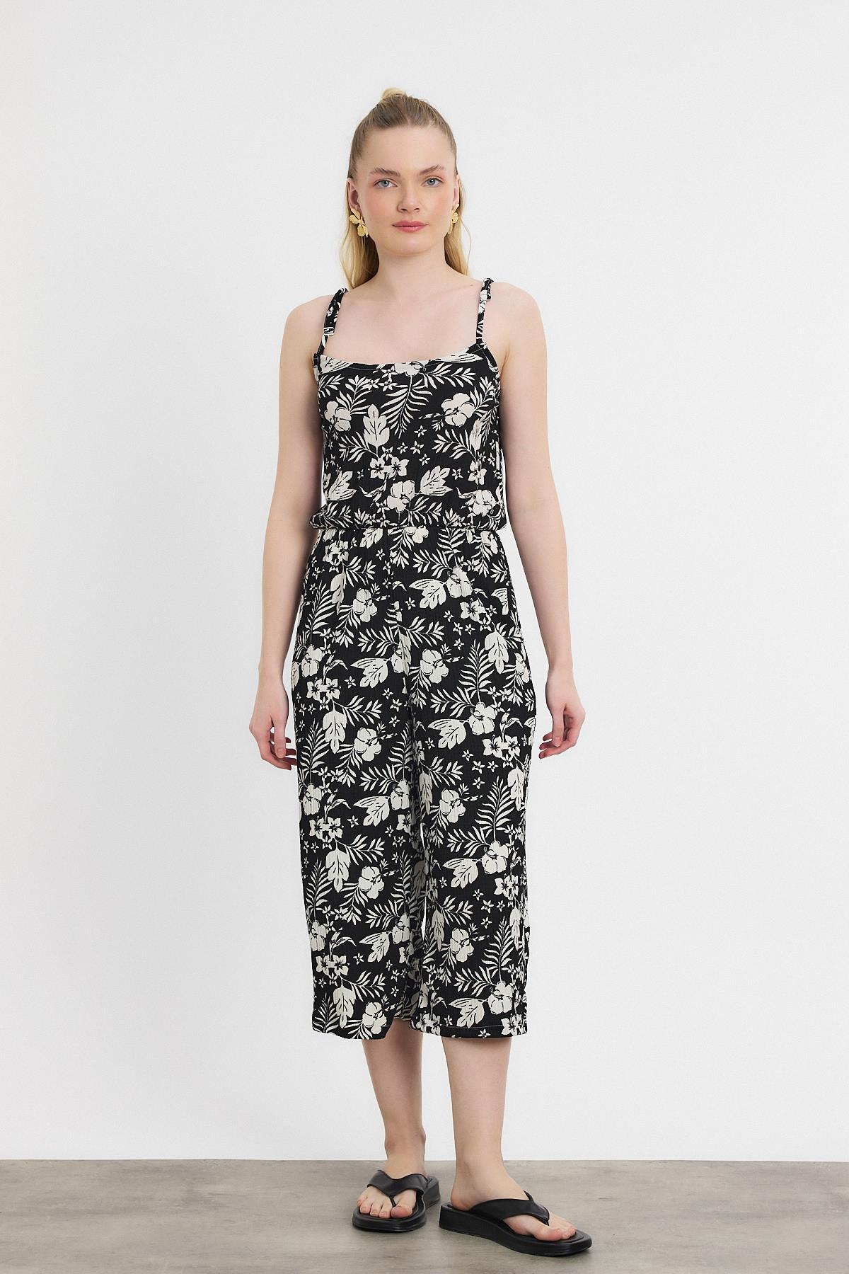 Siyah Çiçek Desen Sıfır Kol Tulum 6718A - RAYS