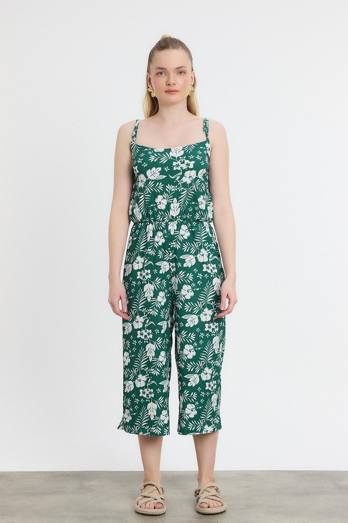 6718A Çiçek Desen Sıfır Kol Tulum Zümrüt 