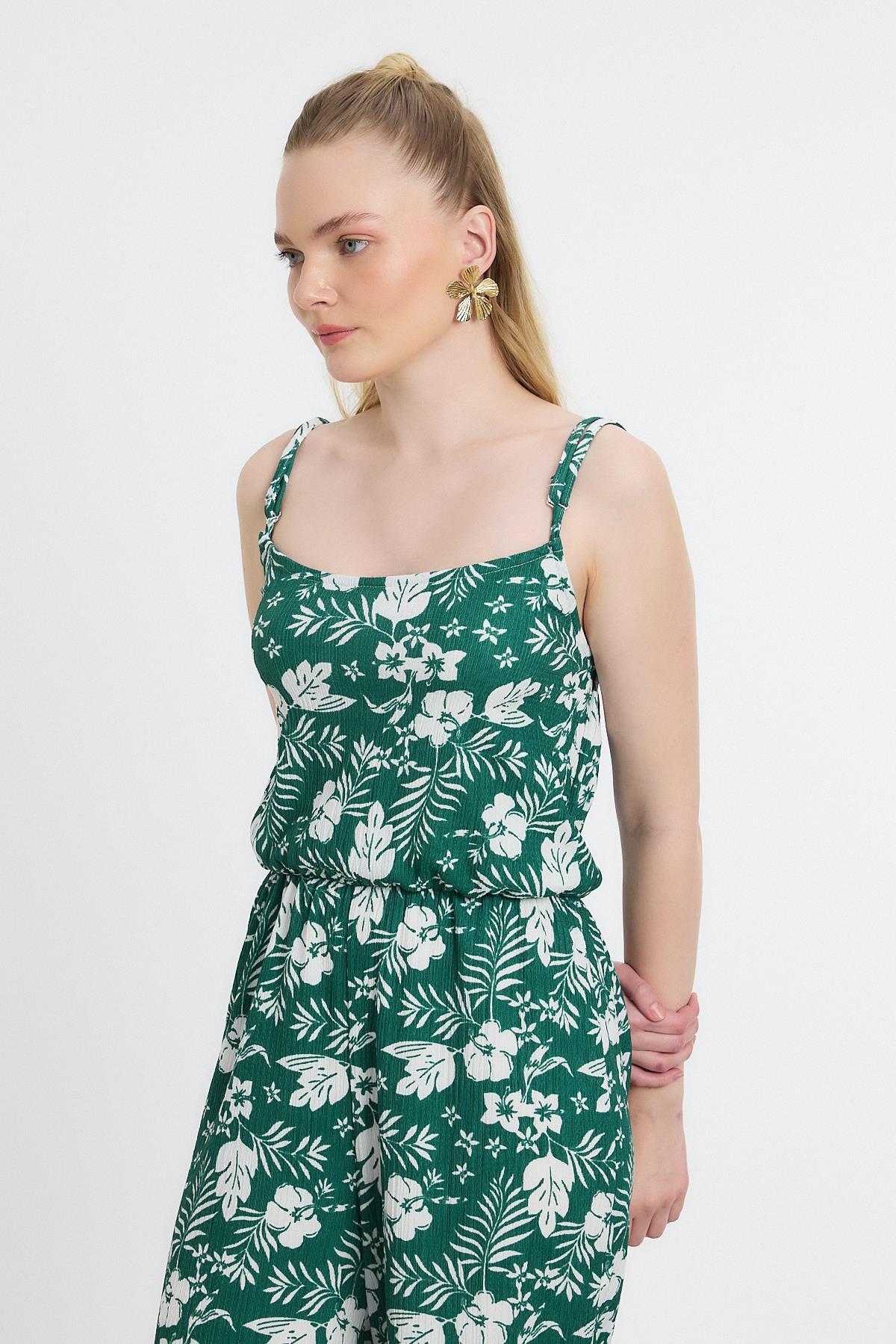 Zümrüt Çiçek Desen Sıfır Kol Tulum 6718A - 6