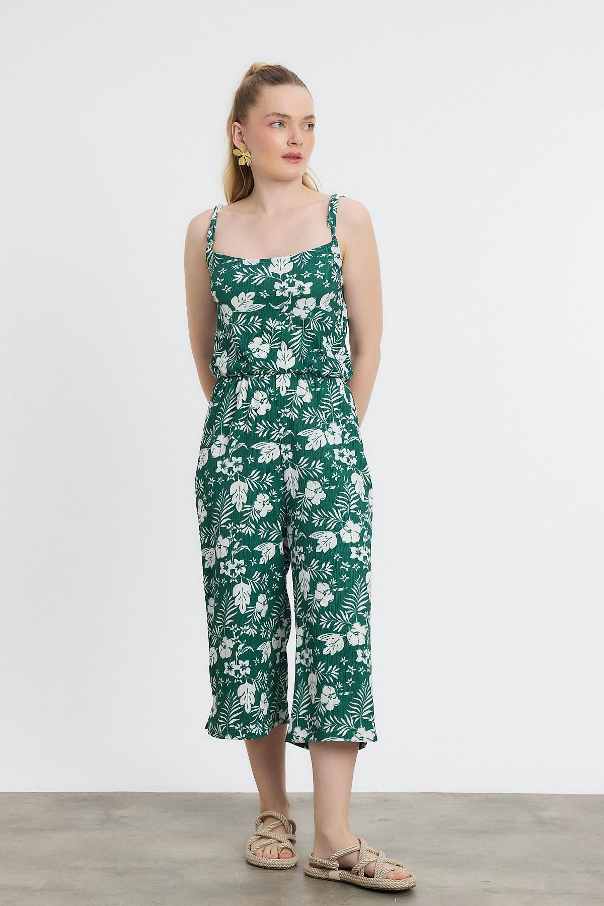 Zümrüt Çiçek Desen Sıfır Kol Tulum 6718A - 7