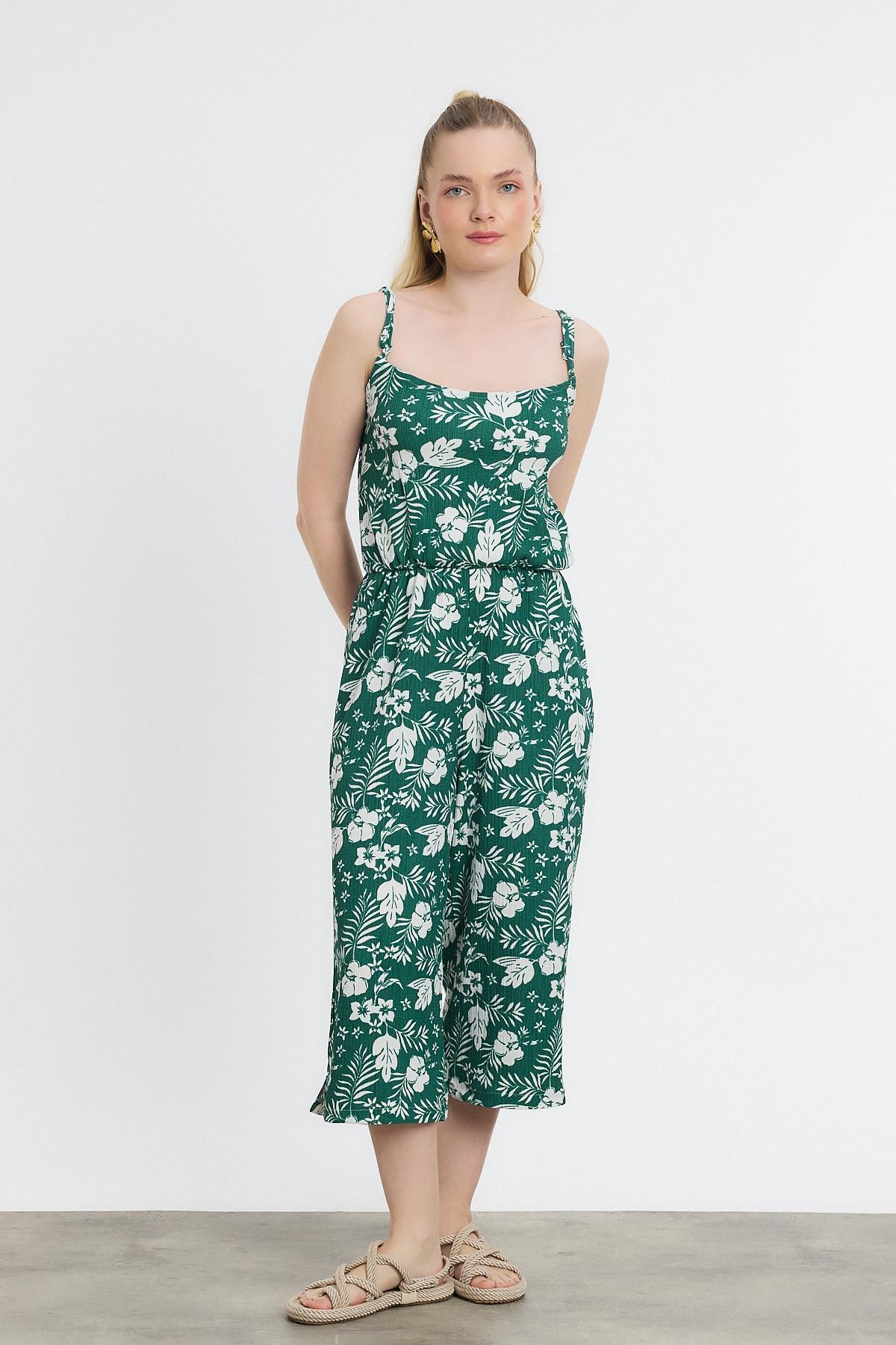 Zümrüt Çiçek Desen Sıfır Kol Tulum 6718A - 8