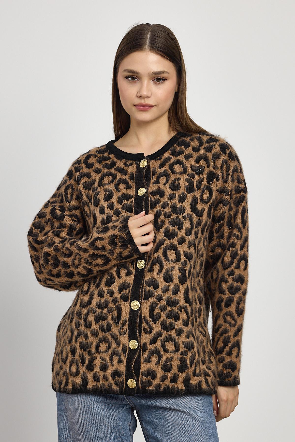 6727 Leopar Desen Hırka Kahve - 6