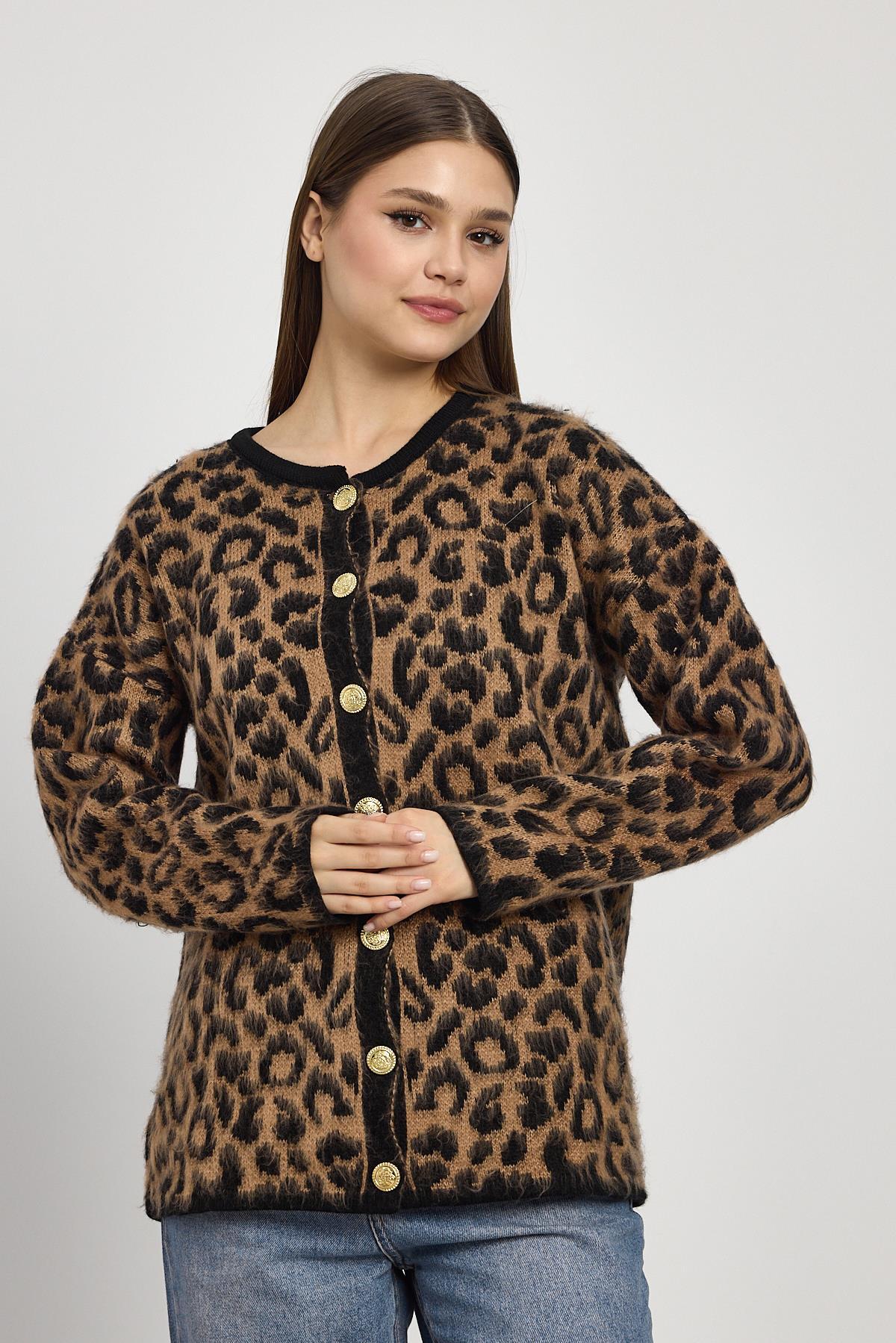 Kahve Leopar Desen Hırka 6727 - 5