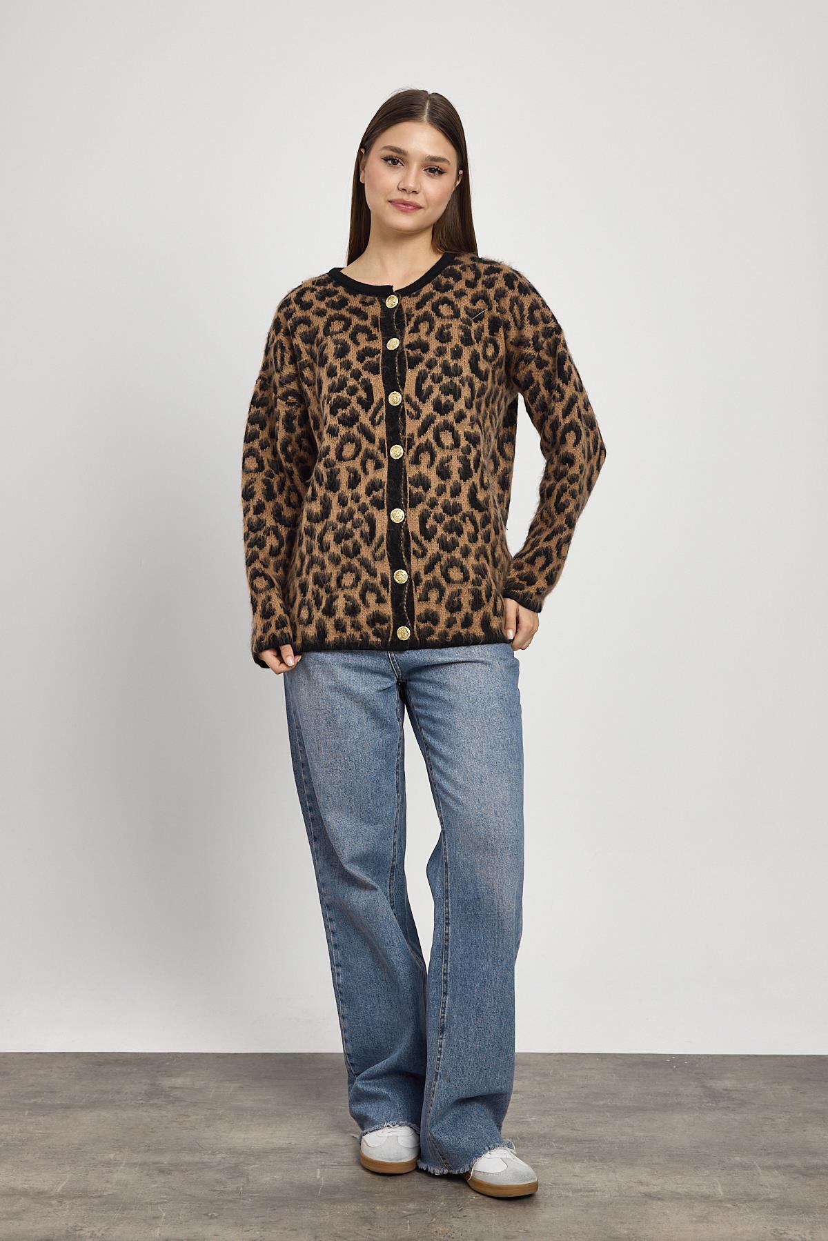 Kahve Leopar Desen Hırka 6727 - 2