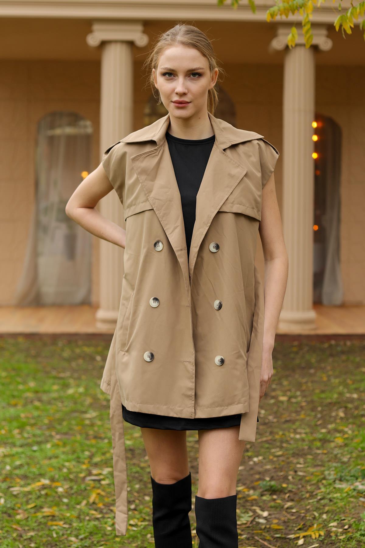 6728A Parça Detay Düğmeli Yelek Vizon - 8