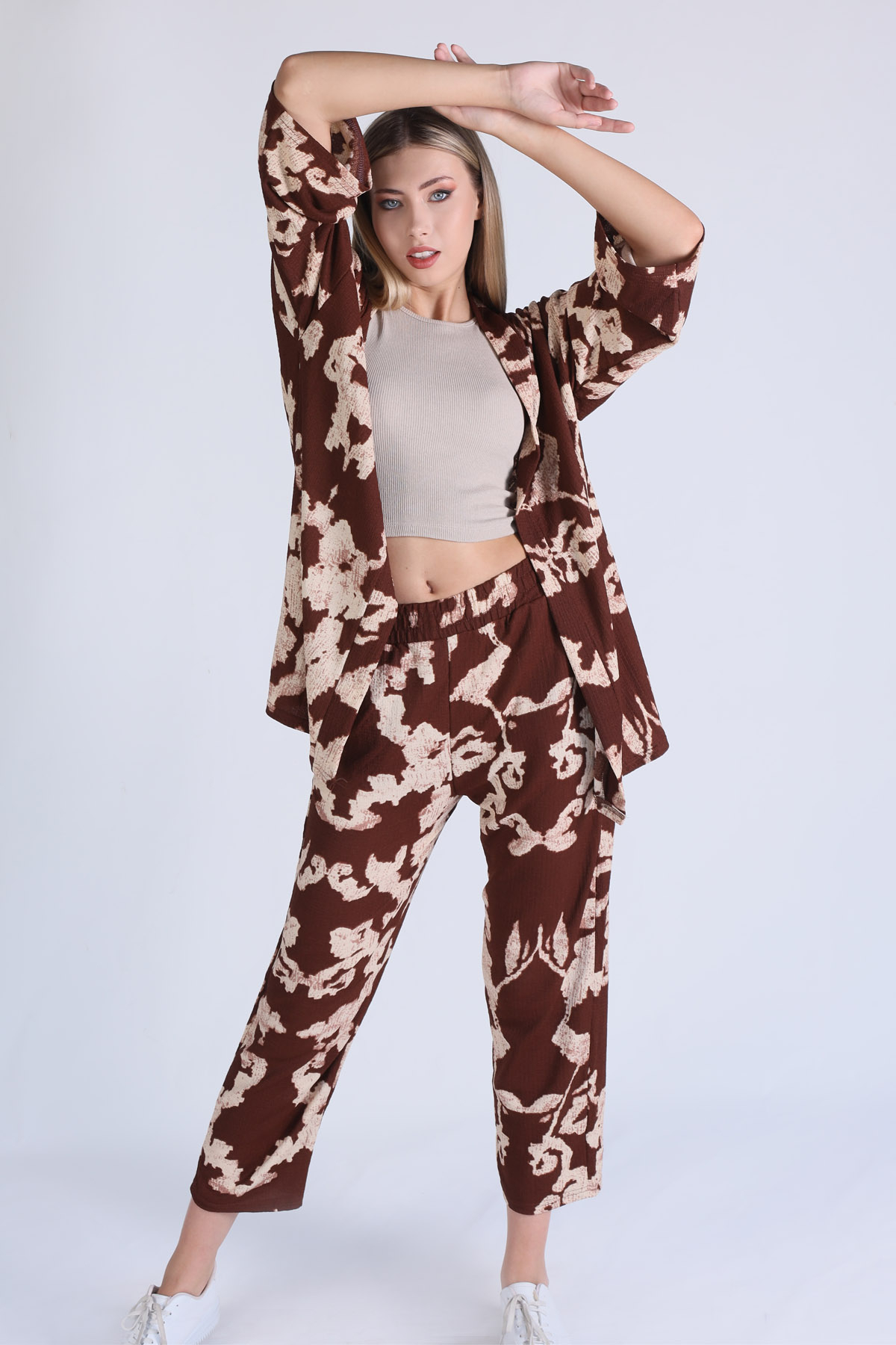 Kahve Desenli Kimono Takım 6729 - 2