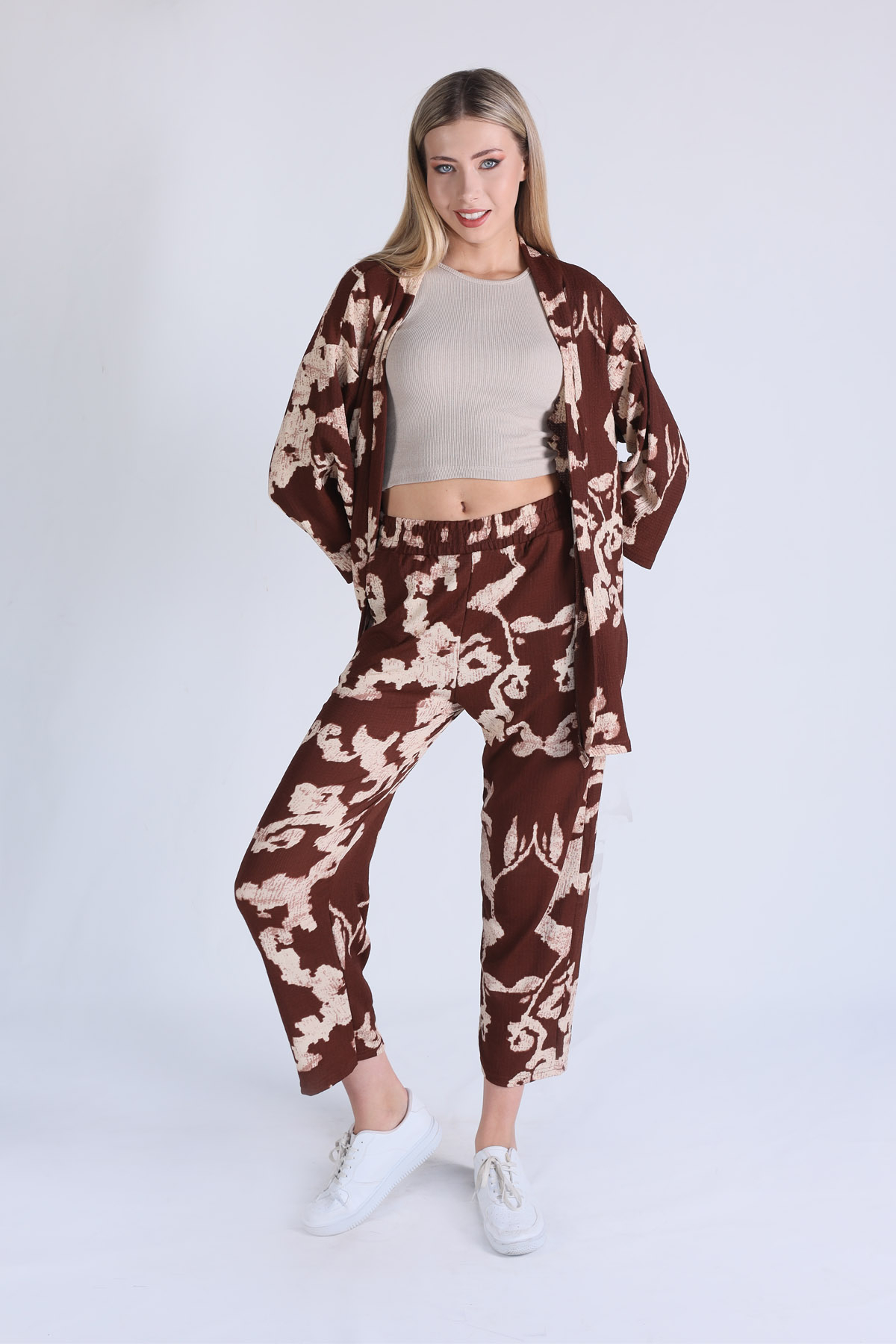 Kahve Desenli Kimono Takım 6729 - 3