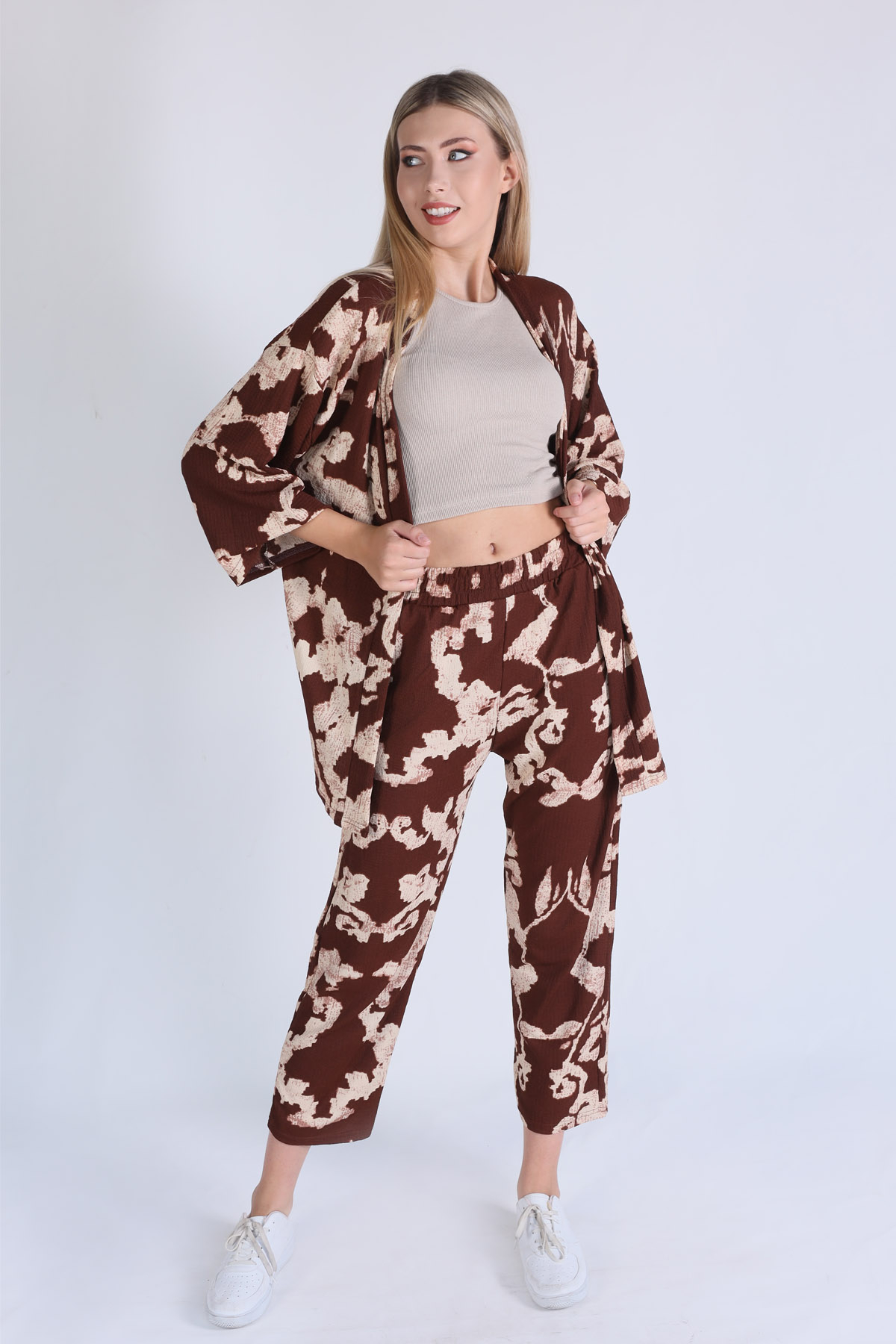 Kahve Desenli Kimono Takım 6729 