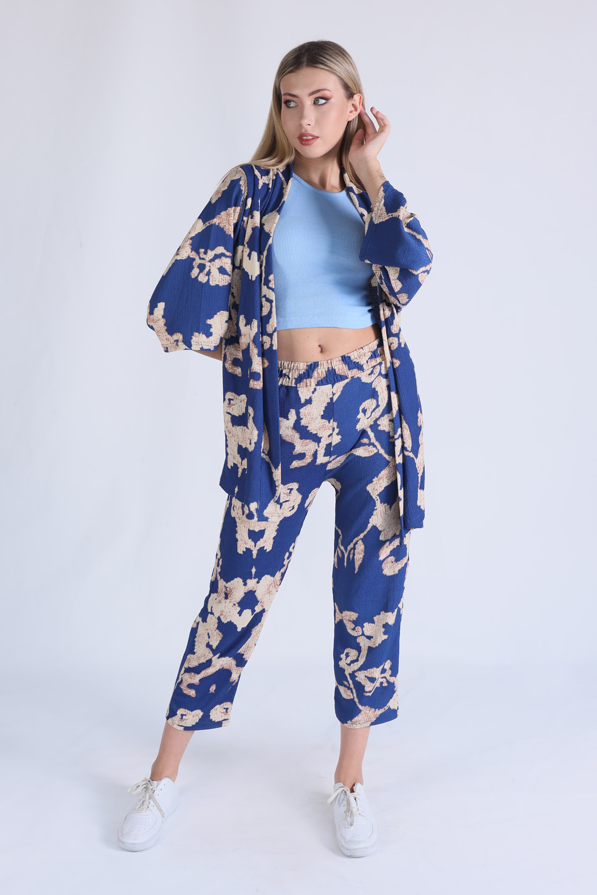 6729 Desenli Kimono Takım Saks 