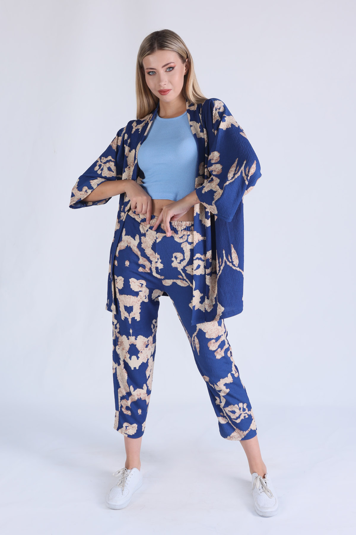 6729 Desenli Kimono Takım Saks - 4