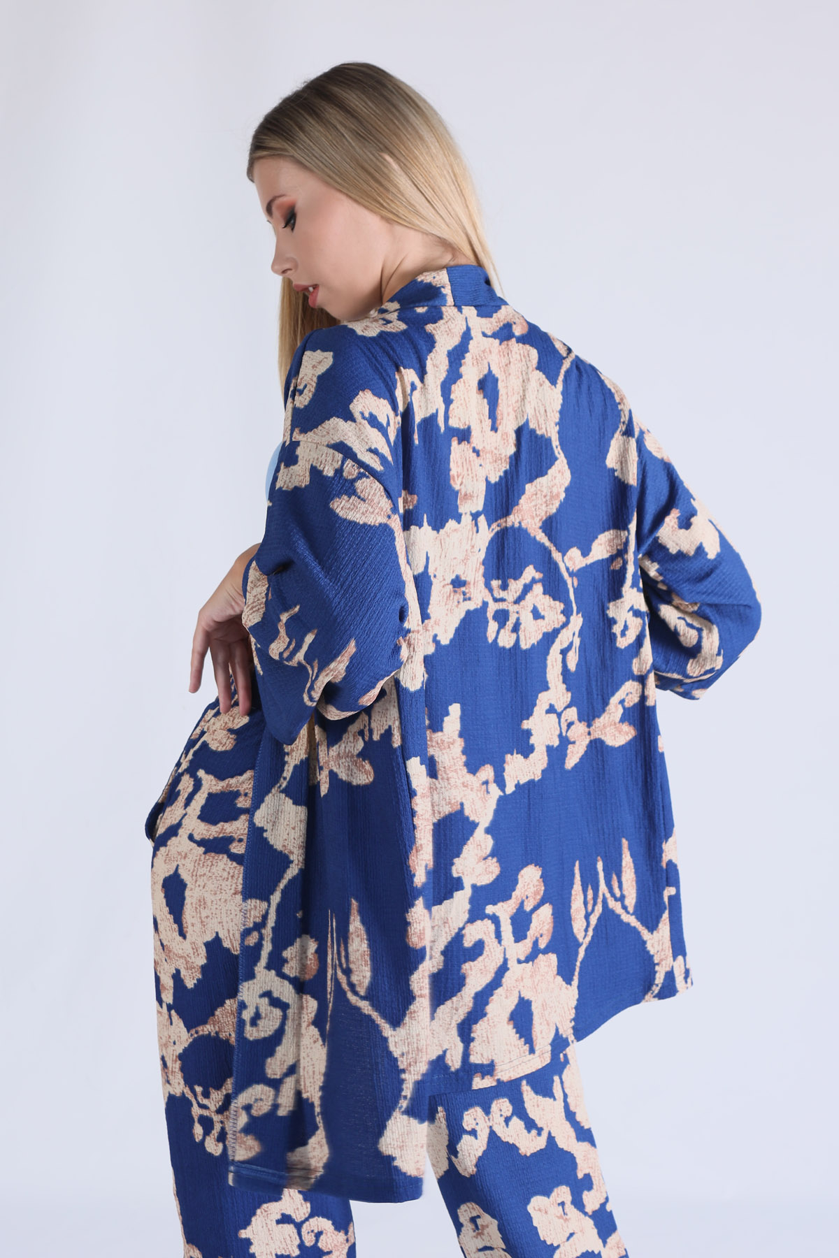 6729 Desenli Kimono Takım Saks - 5