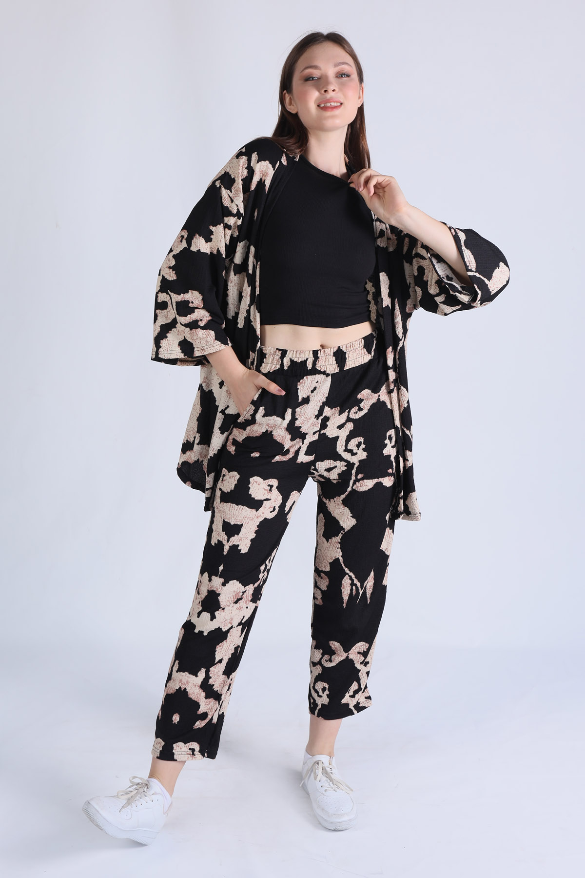 6729 Desenli Kimono Takım Siyah - 2