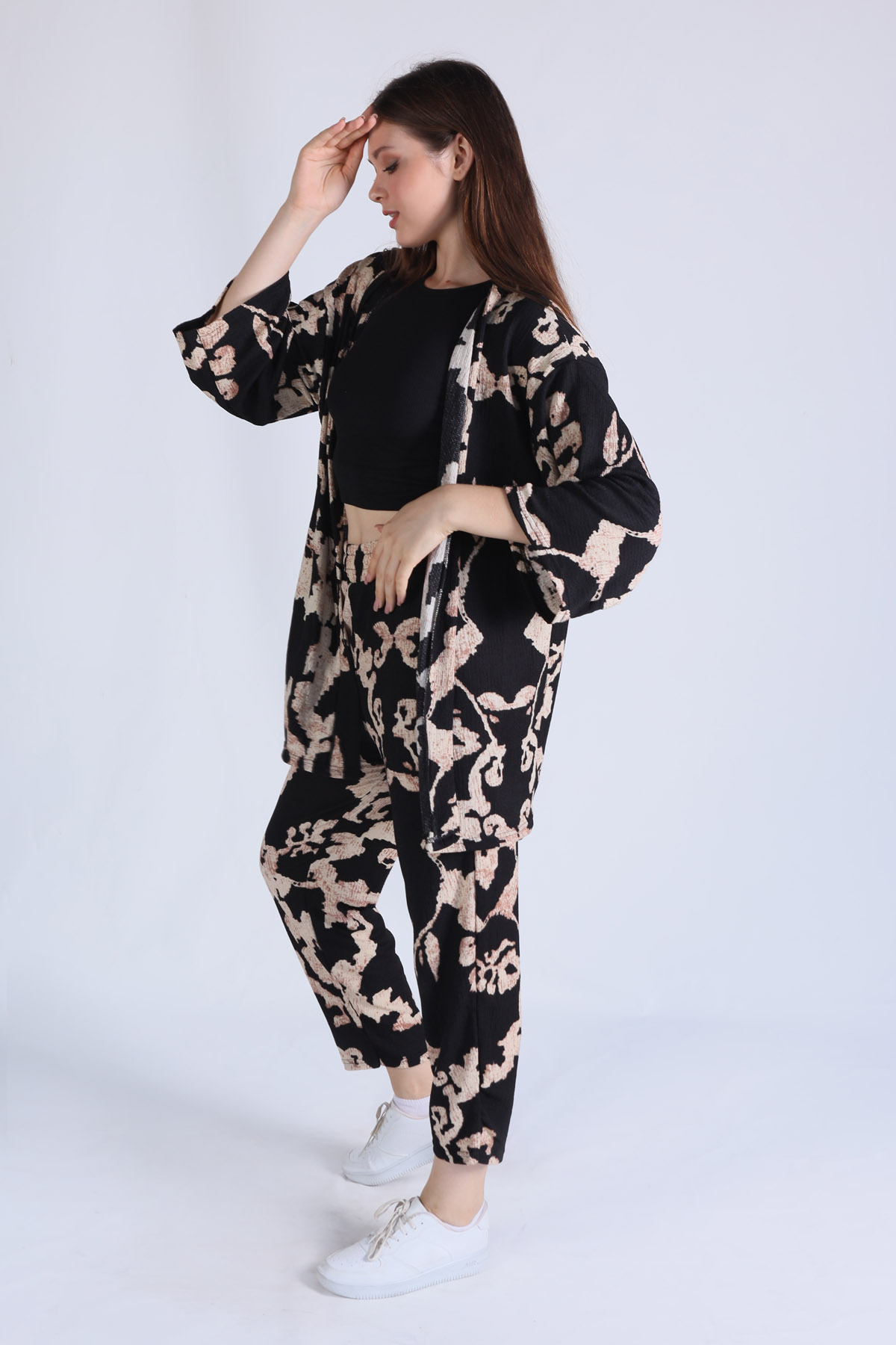 6729 Desenli Kimono Takım Siyah - 3