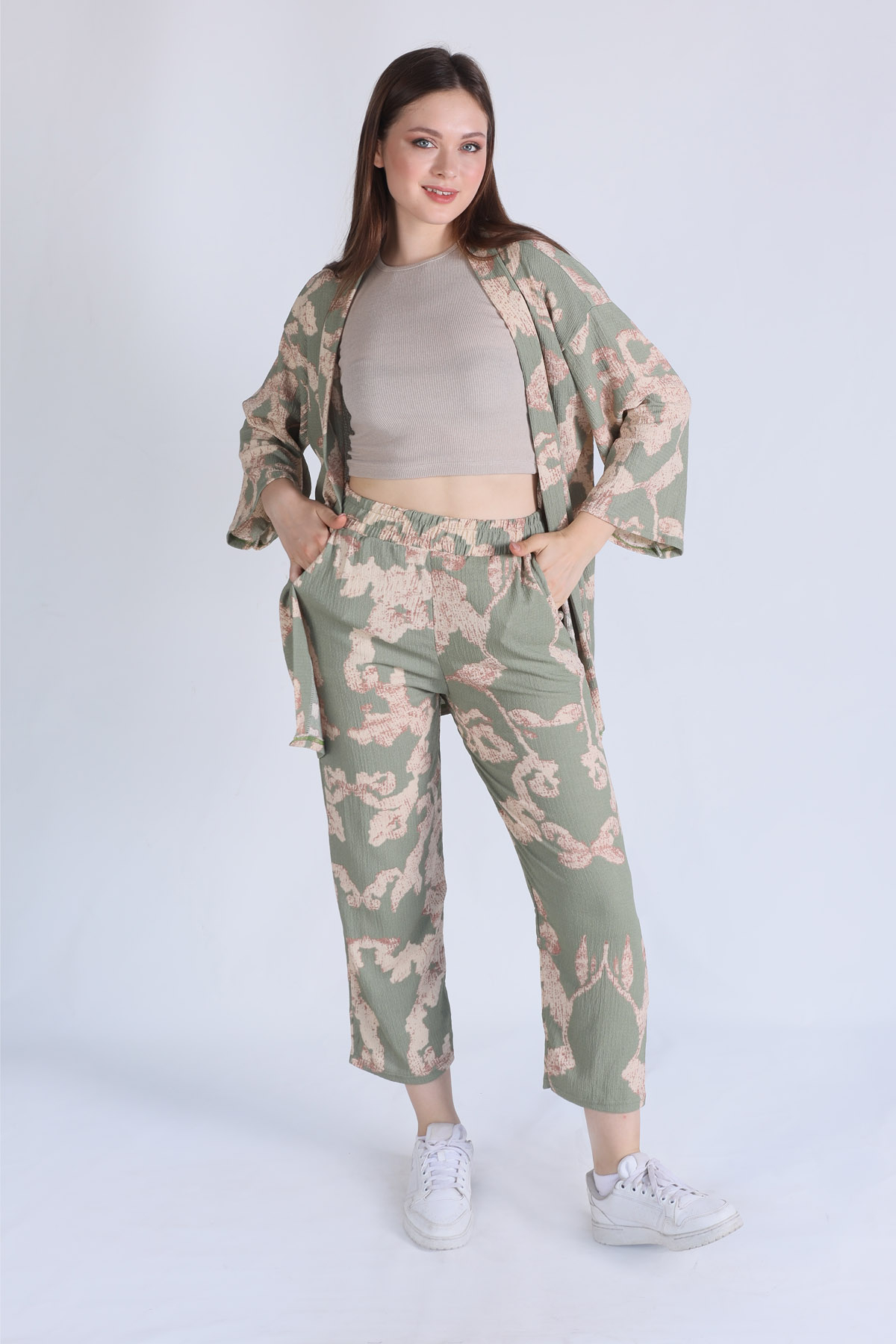 6729 Desenli Kimono Takım Yeşil 
