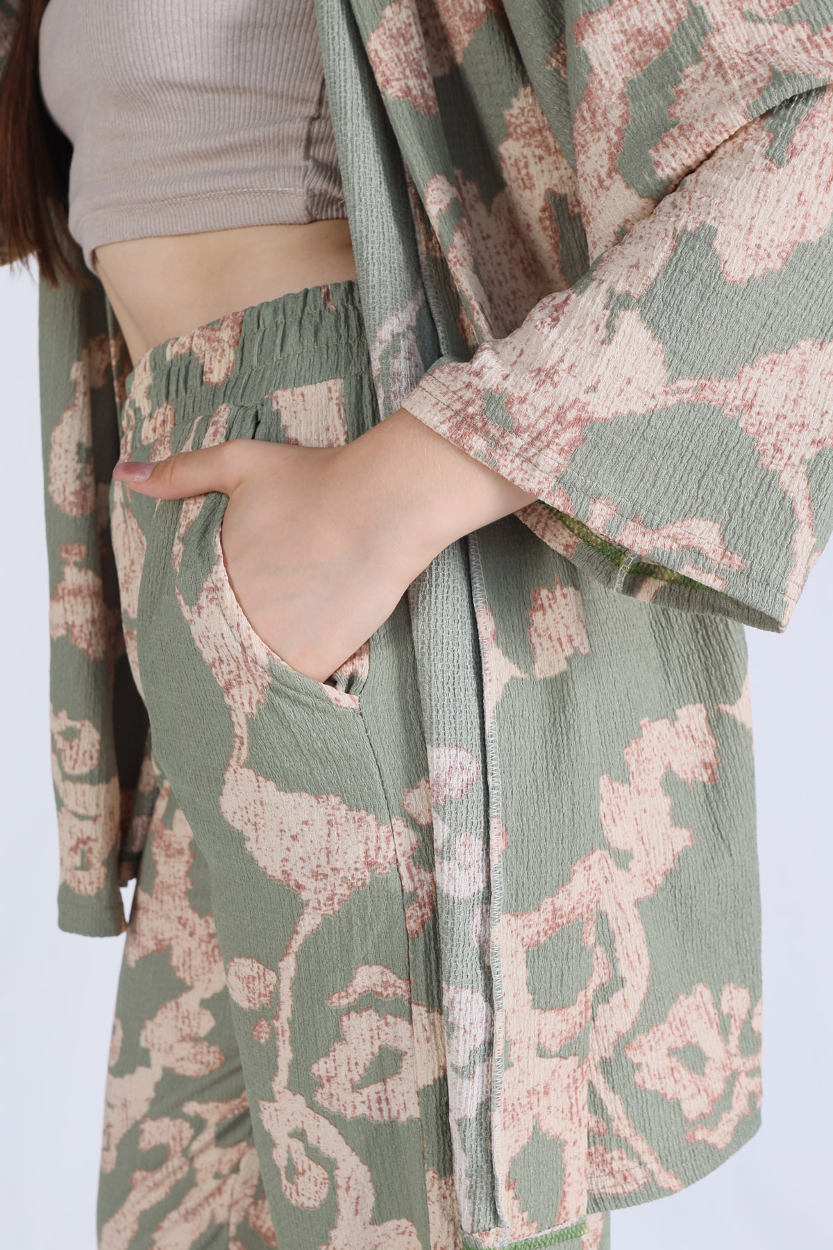 6729 Desenli Kimono Takım Yeşil - 5