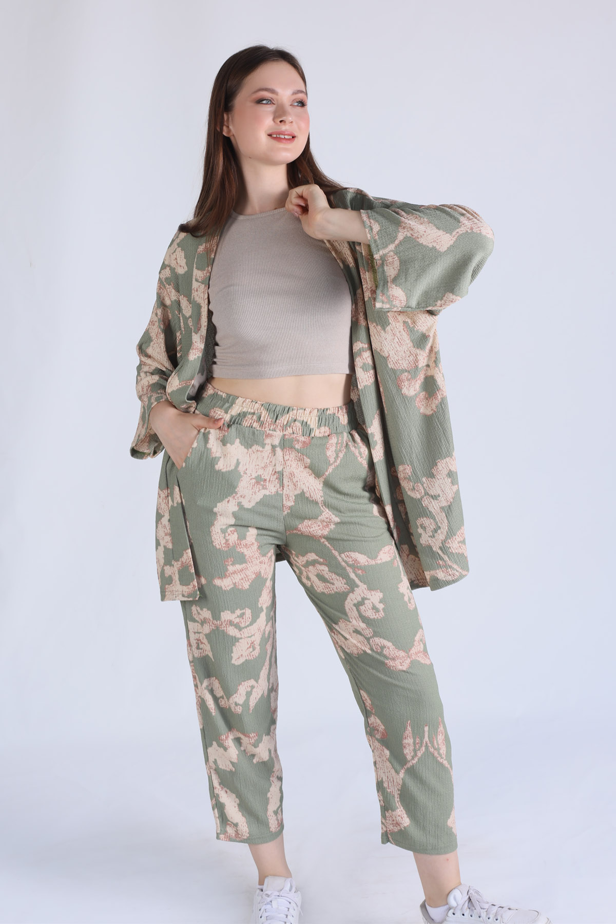 Yeşil Desenli Kimono Takım 6729 - 2