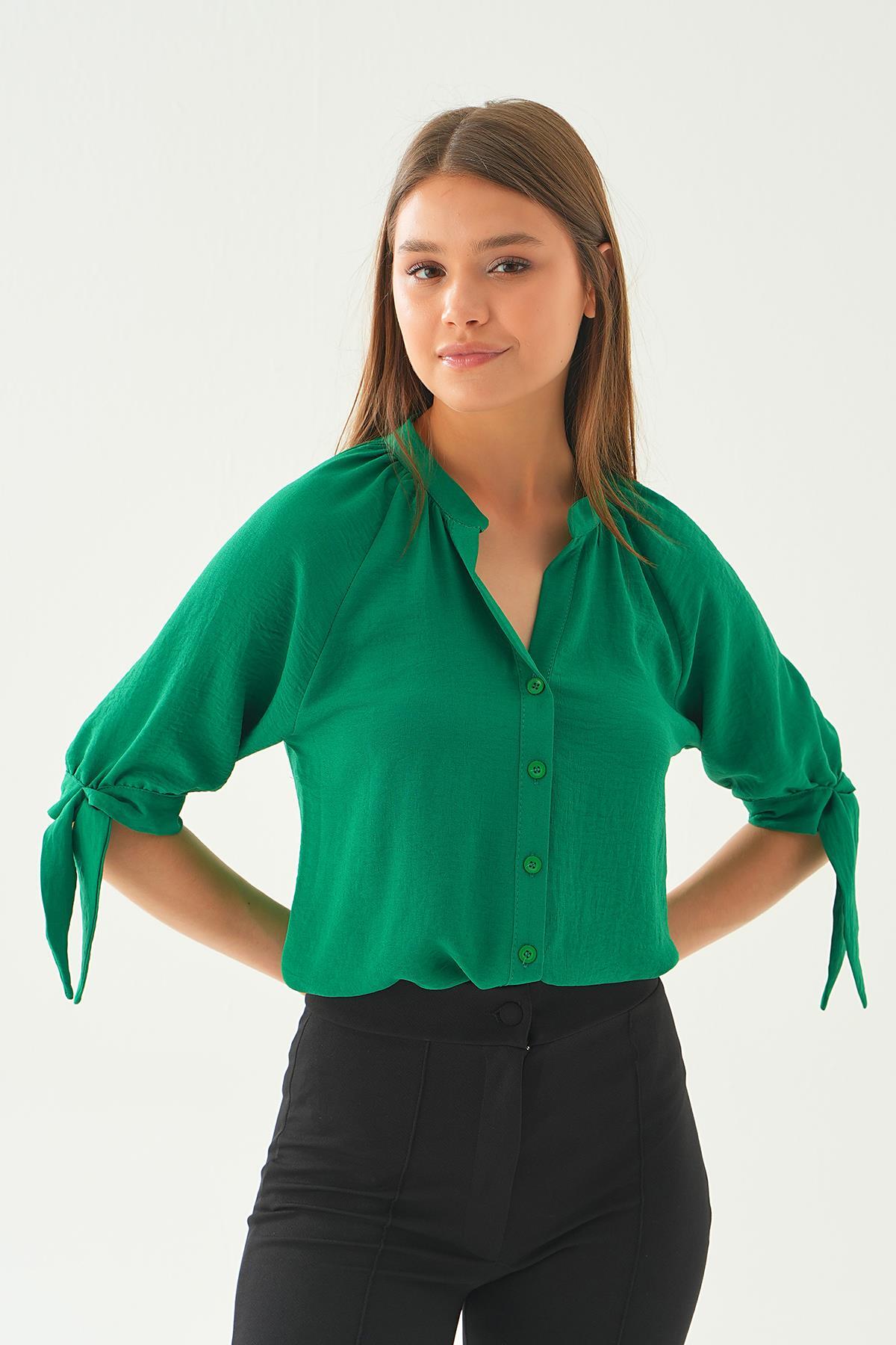 Benetton Yeşili Fakir Kol Bağlamalı Gömlek 6743A - 2