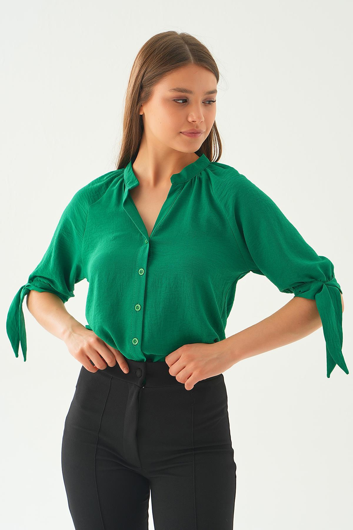 Benetton Yeşili Fakir Kol Bağlamalı Gömlek 6743A - 4