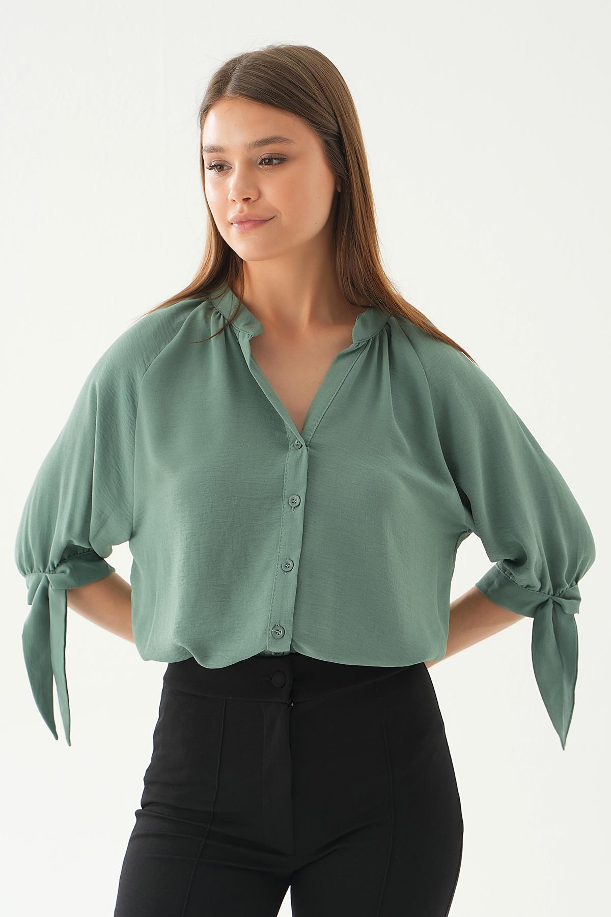 Çağla Yeşili Fakir Kol Bağlamalı Gömlek 6743A - 2