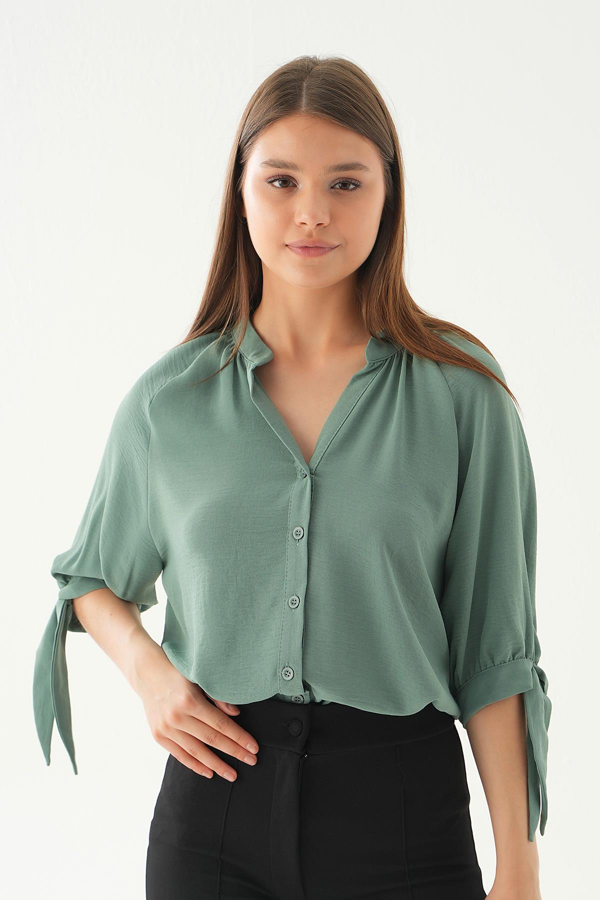 Çağla Yeşili Fakir Kol Bağlamalı Gömlek 6743A - 3