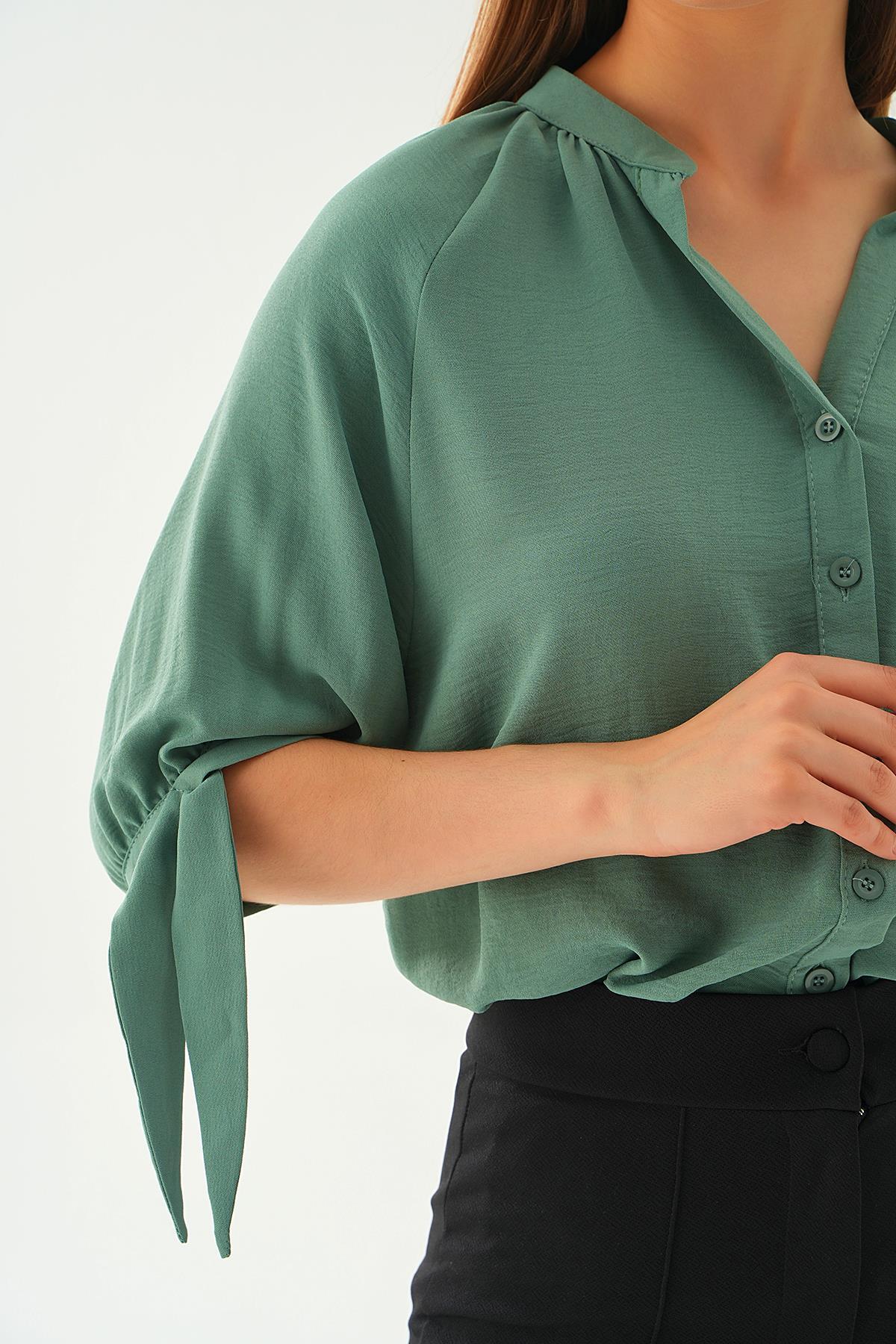 Çağla Yeşili Fakir Kol Bağlamalı Gömlek 6743A - 5