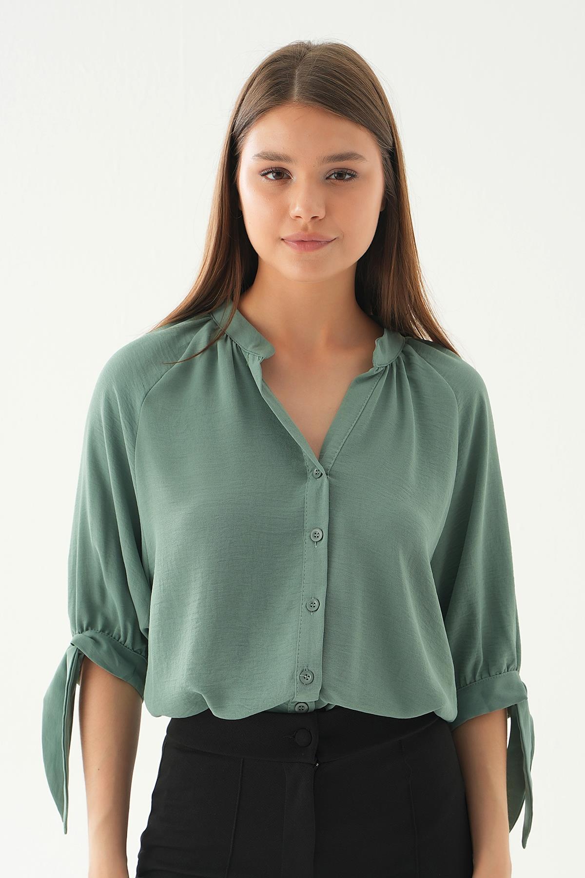 Çağla Yeşili Fakir Kol Bağlamalı Gömlek 6743A - 6