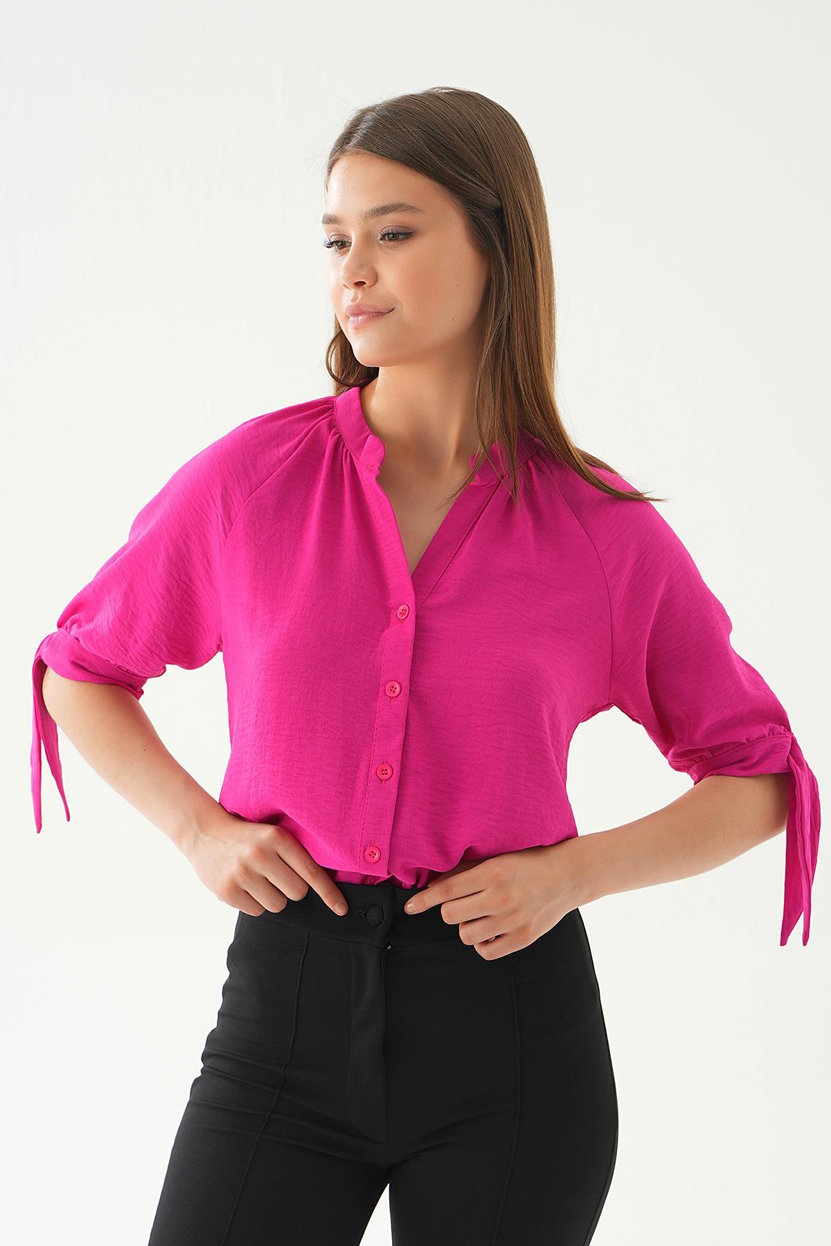 Fuşya Fakir Kol Bağlamalı Gömlek 6743A - 6