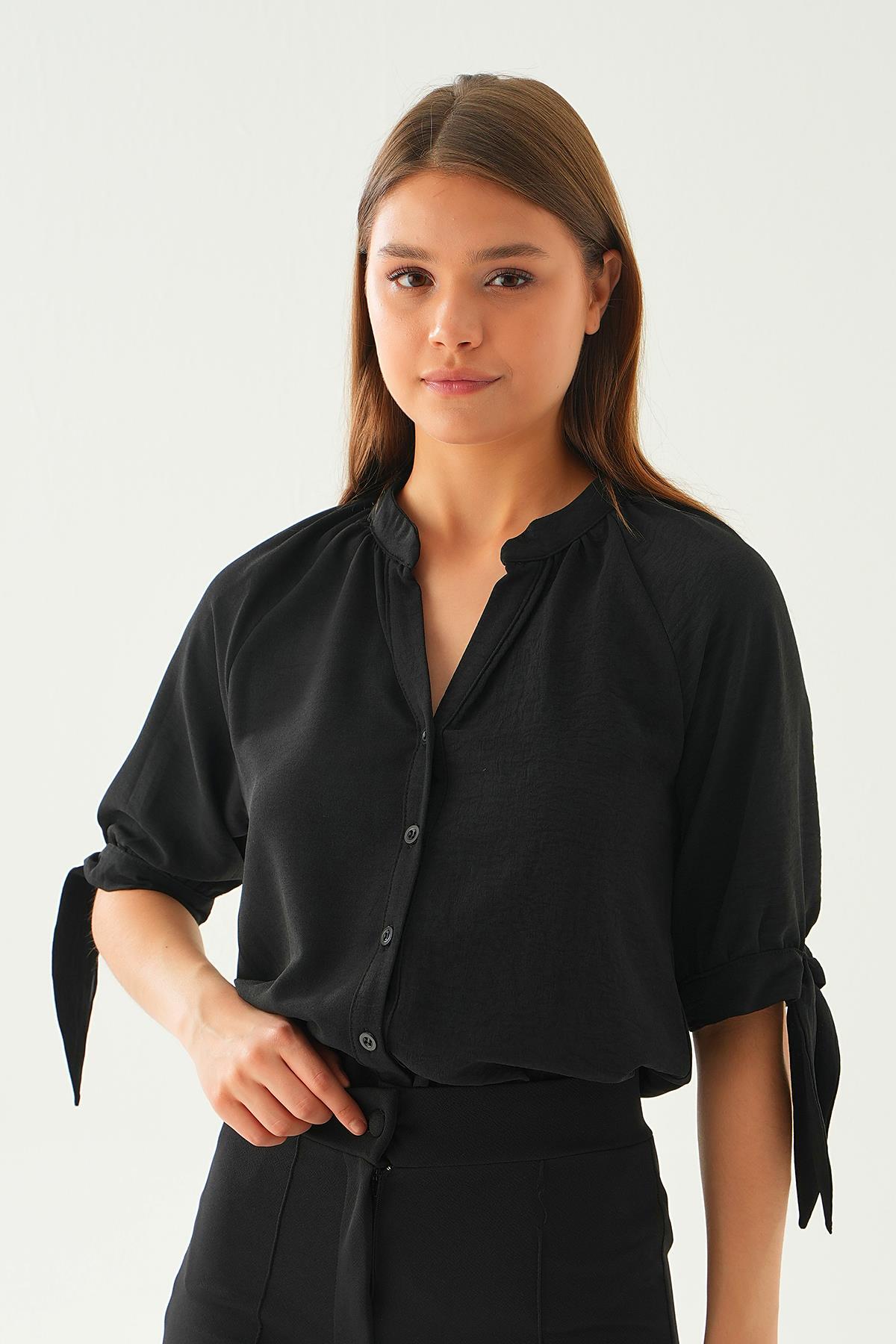 Siyah Fakir Kol Bağlamalı Gömlek 6743A - 5