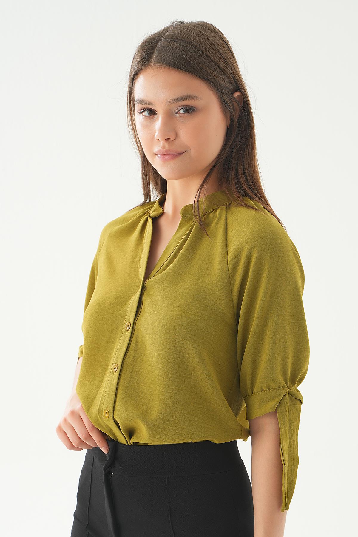 Yağ Yeşili Fakir Kol Bağlamalı Gömlek 6743A - 6
