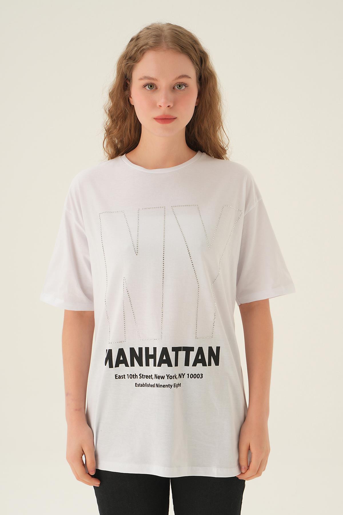 6744 NY İşlemeli Tişört Beyaz 