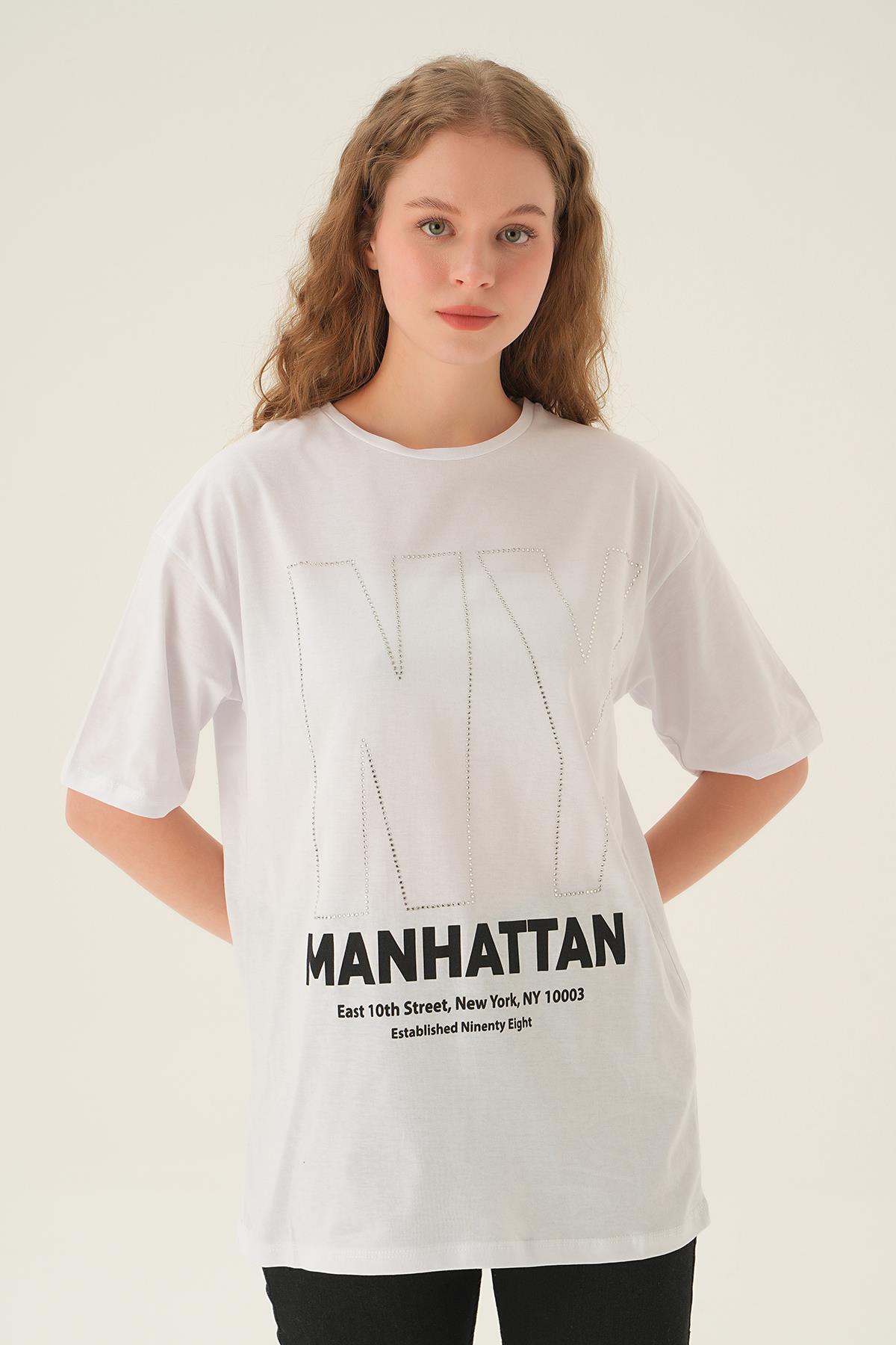 Beyaz NY İşlemeli Tişört 6744 - 3